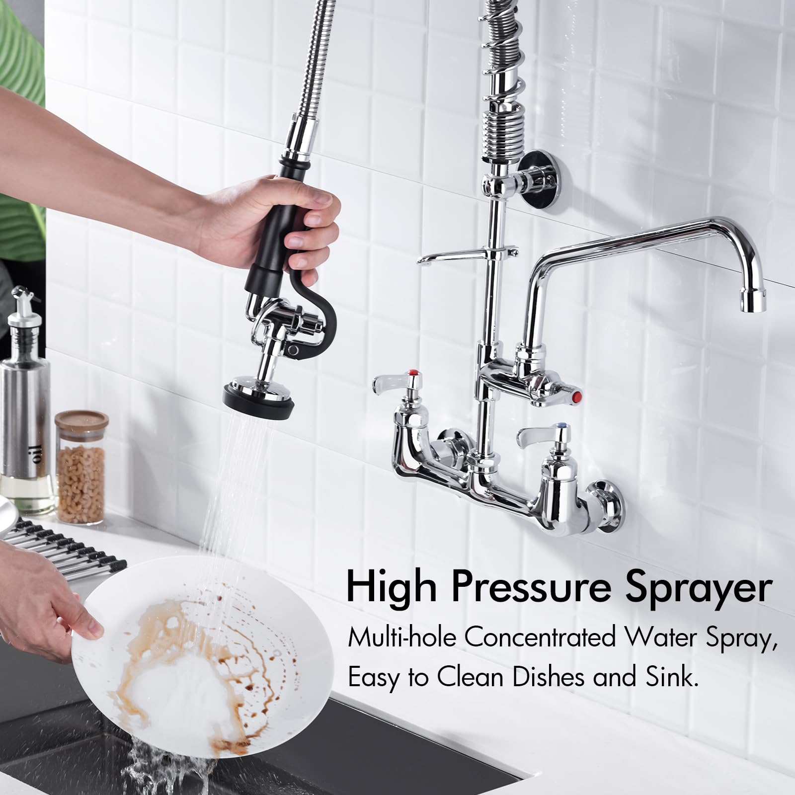 BAGNOLUX Commercial Sink Faucet, 8" Center Wall Mount Base with Pull Out Spray 9.6" Add-on Swing Spout 25" Height, Double Handle Pre Rinse Sprayer Commercial Rv Kitchen Faucet with Ceramic Valve