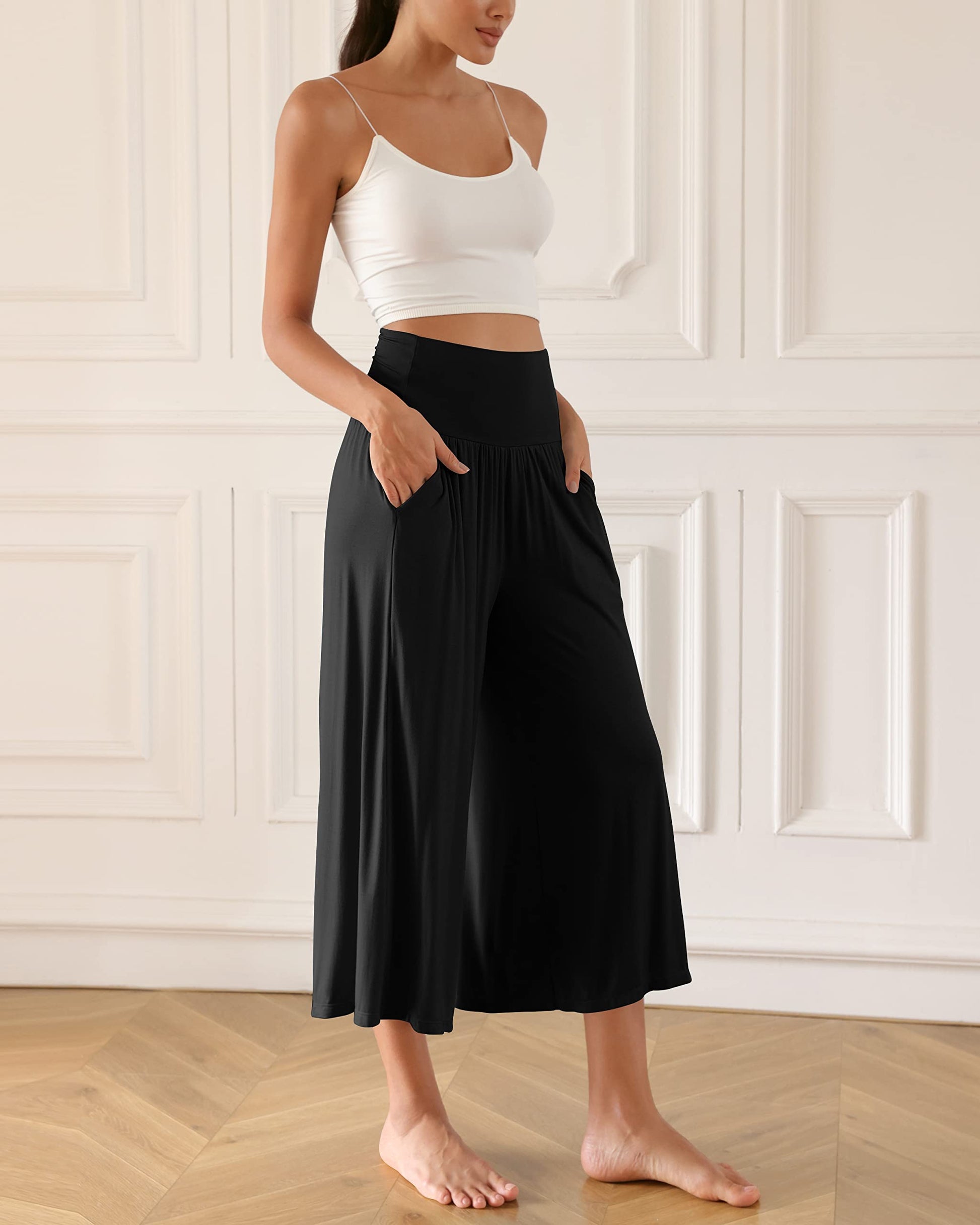 ODODOS Women's Wide Leg Palazzo Lounge Cropped Pants with Pockets Light Weight Comfy Casual Pajama Capri Pants-22 inseam, Black, XX-Large