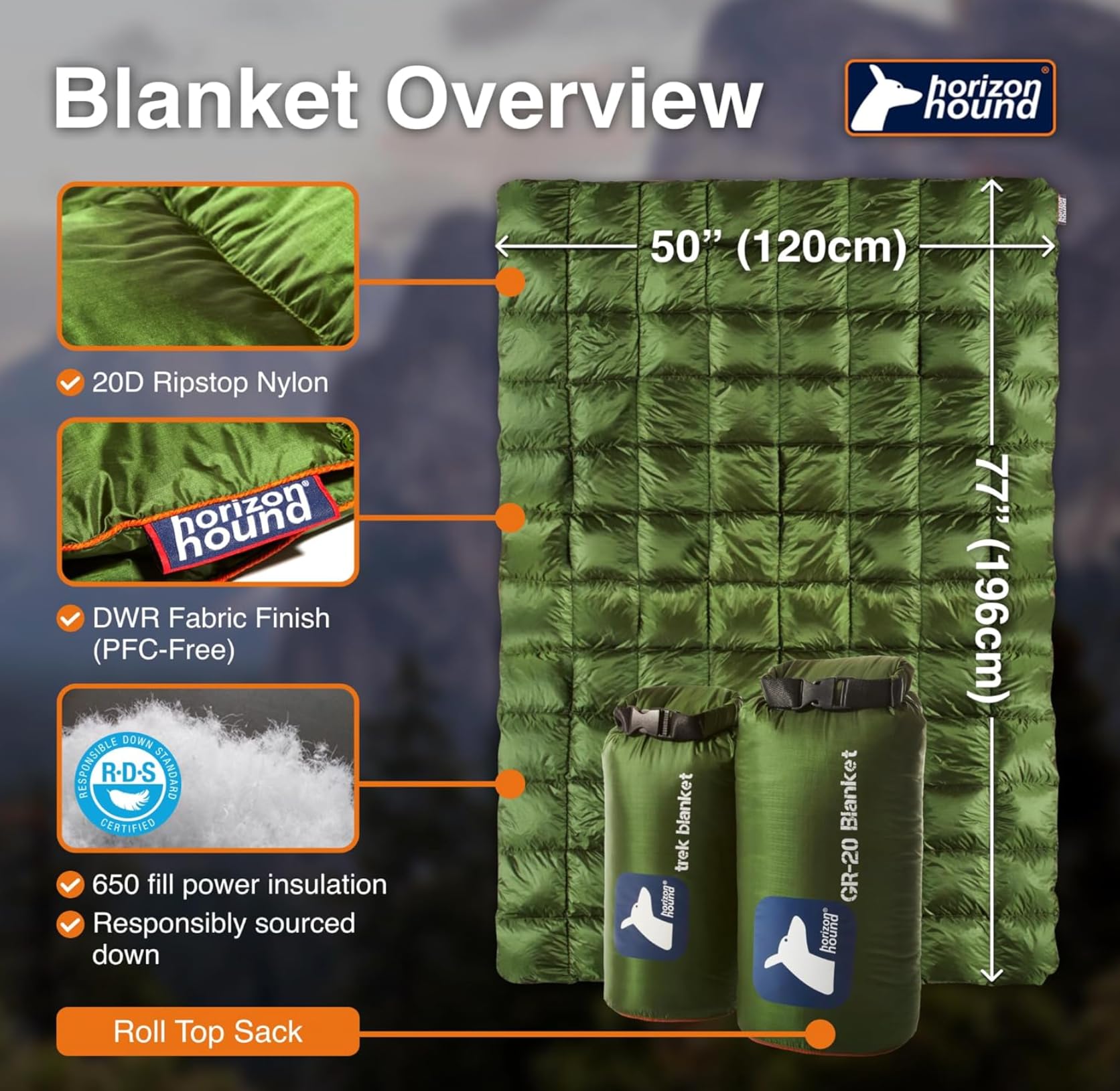 Horizon Hound Trek Down Camping Blanket - Outdoor Travel Quilt, Green | Insulated, Lightweight & Warm Gear for Sleep, Camping, Stadium, Hiking & Festivals | Water Resistant, Packable & Compact