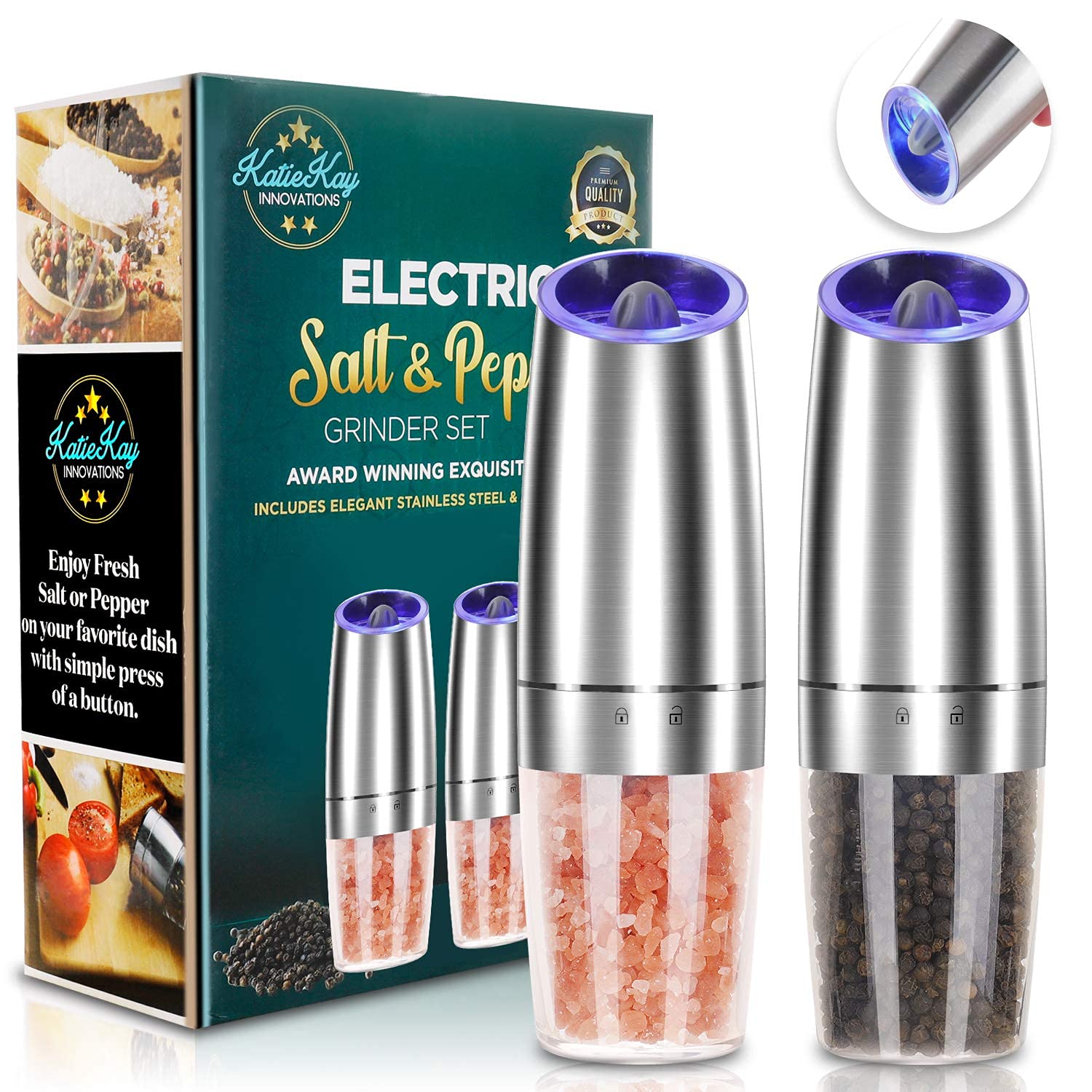 Gravity Electric Pepper and Salt Grinder Set, Adjustable Coarseness, Automatic Shakers Mill Grinder with LED Light, Battery Powered, Upgraded Larger Capacity, One Hand Operated (Sliver 2 Pack)