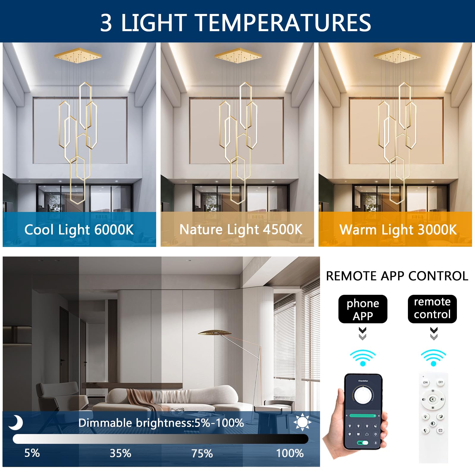 dolria 6-Rings Chandelier Modern, Gold Contemporary LED Light for Living Room Entrance, Dimmable Flush Mount High Ceiling Chandeliers with Remote Control for Villa Foyer