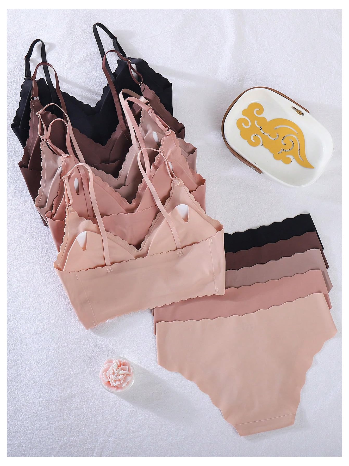 BEAUDRM Women's 5 Pack Seamless Lingerie Sets Scallop Trim Wireless Bralettes No Show Bra and Panty Sets Matching Underwear Multicolor Medium