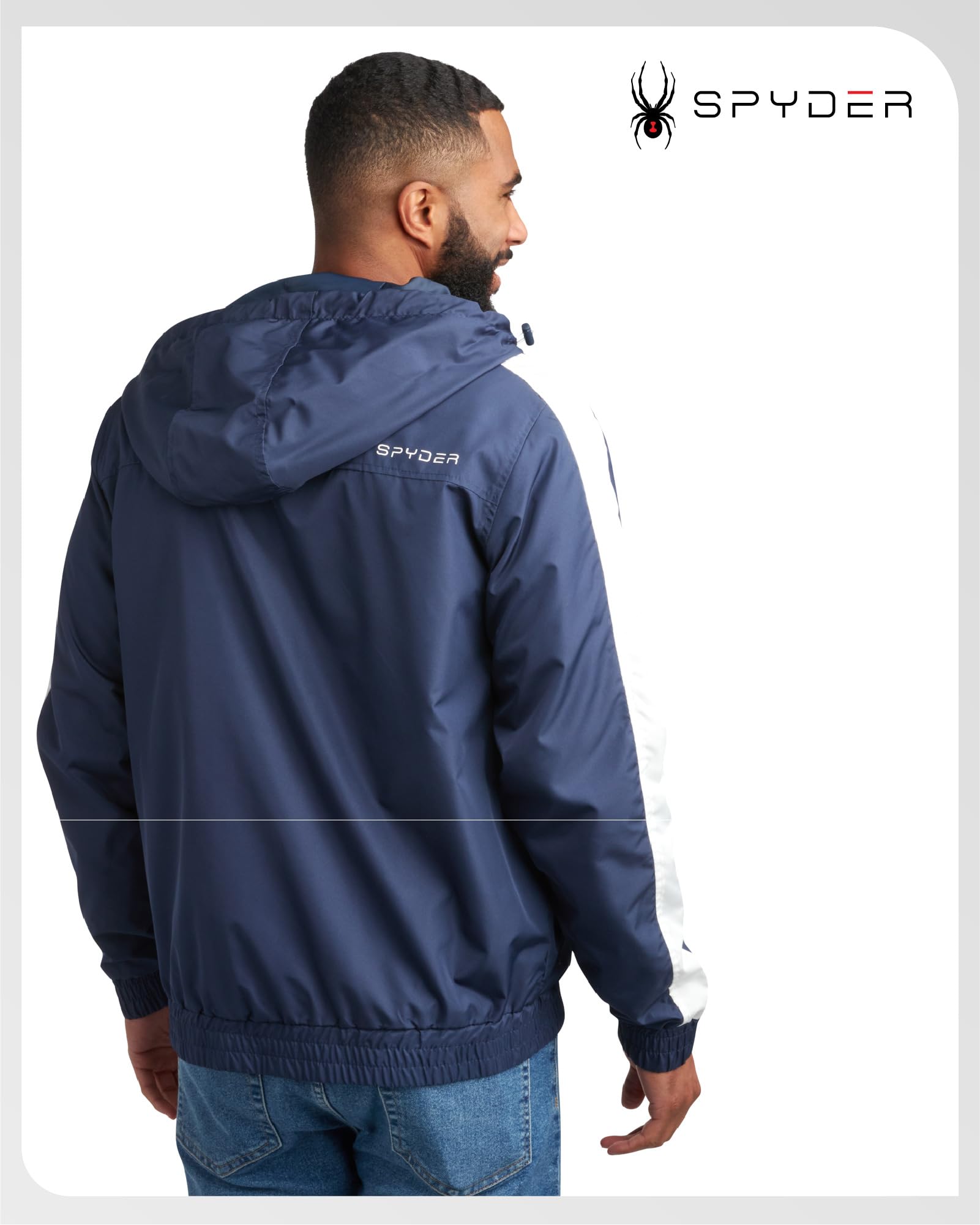 Spyder Mens Windbreaker Jacket - Lightweight Wind & Water-Resistant Hooded Zip Up Jacket for Travel Running Golf & Daily Wear, Size Large, True Navy