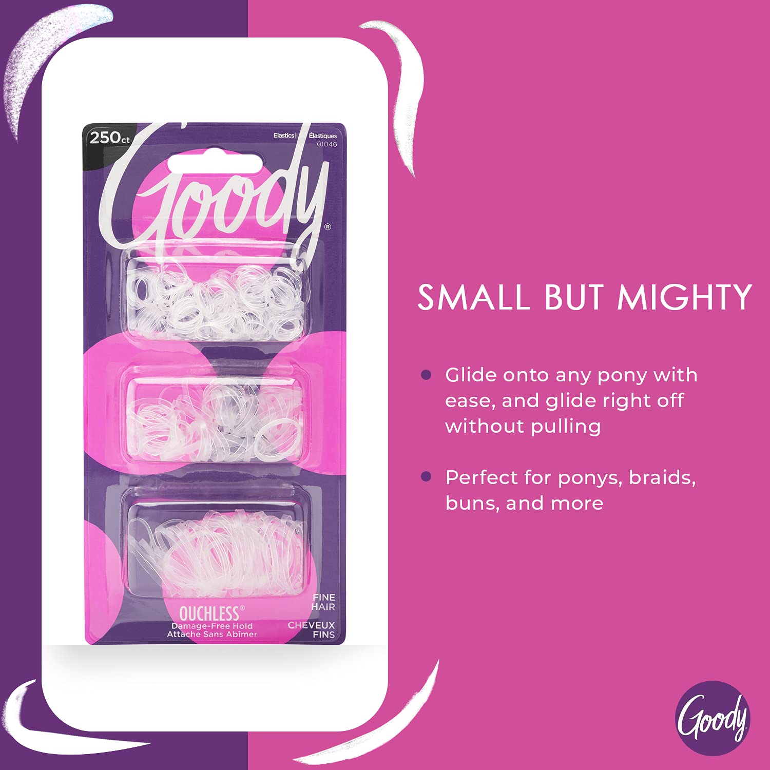 Goody Ouchless Polyband Hair Ties - 250 Ct, Clear, Latex Hair Bands for Women's Hair, Easy Glide, Ultra-Strong Hold Hair Accessories for Women & Men, Secure Hold Ridge Design, All Hair Types