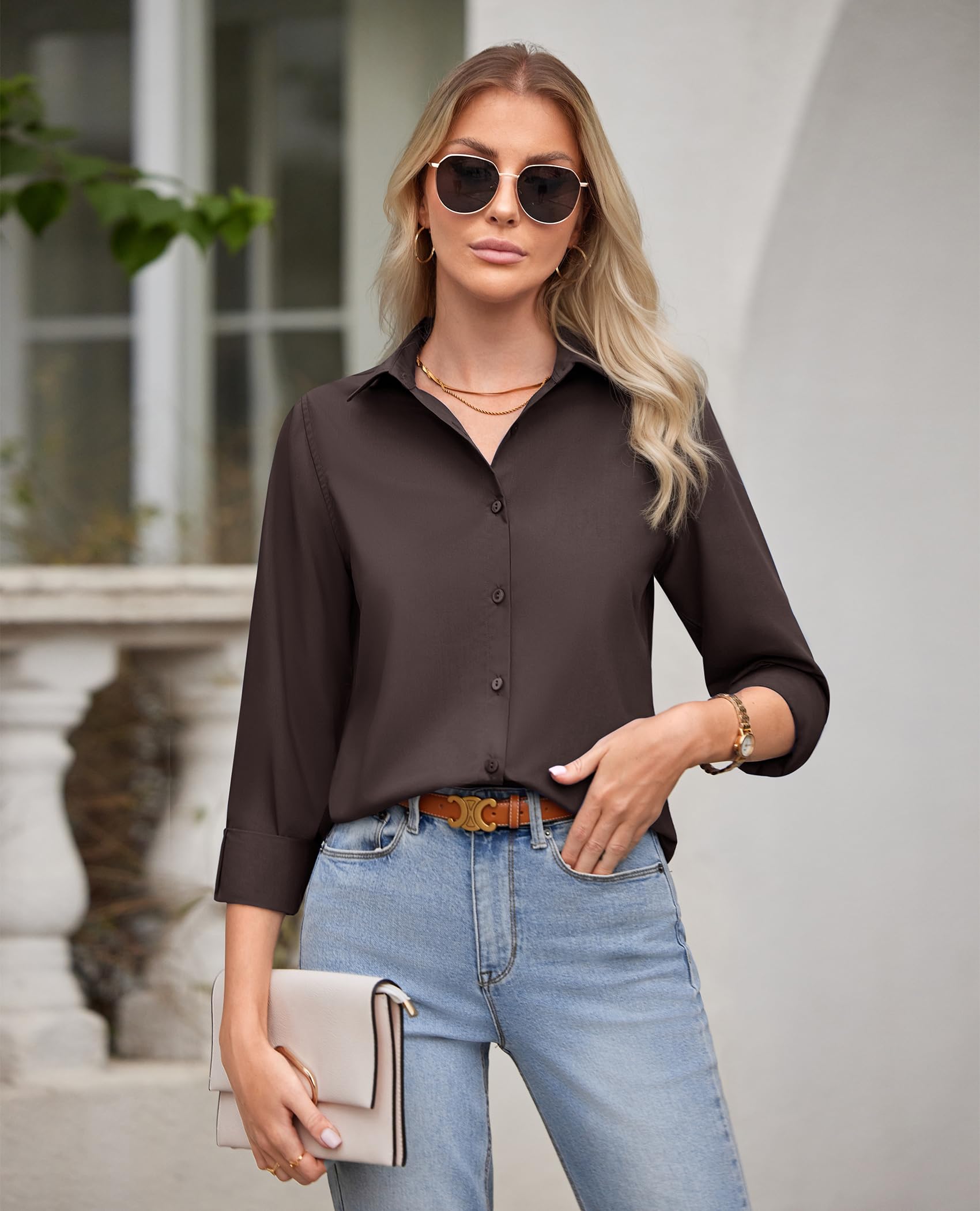 siliteelon Button Down Shirts for Women Wrinkle Free Dress Shirts Long Sleeve Shirts Formal Work Office Blouses Tops Brown