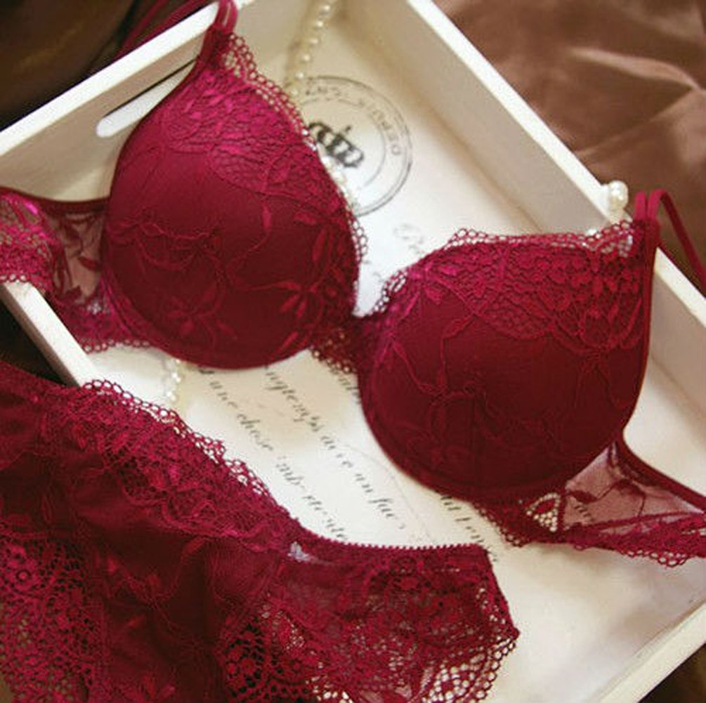 Nanier Women's Solid Lace Push up Bra Set Dark Red 34B