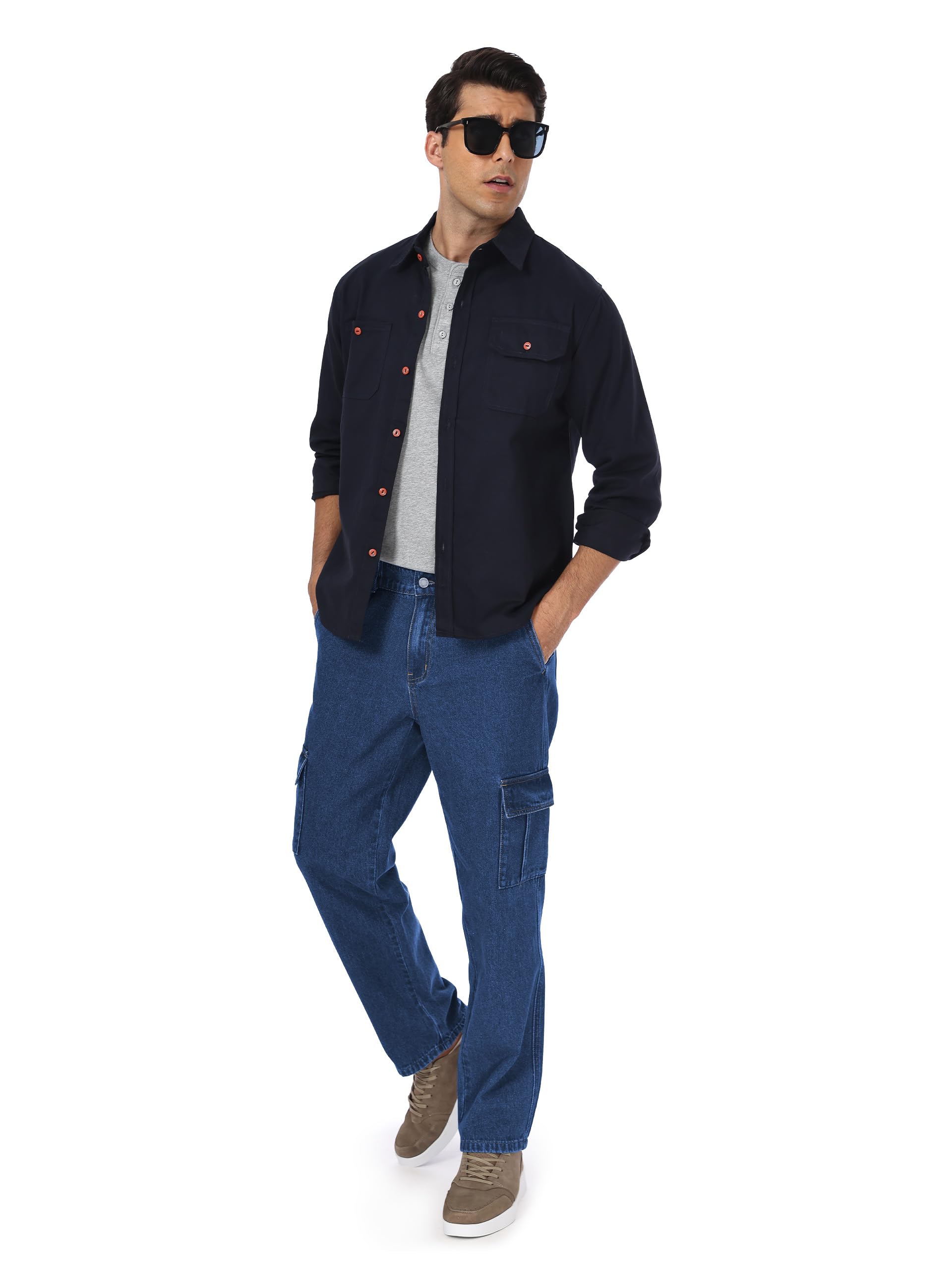 Tapata Short Men's Casual Cargo Pants Relaxed Fit Expandable Elastic Waist Denim Slacks with 6 Pockets Belt Loop Jeans, Blue, 36W x 28L