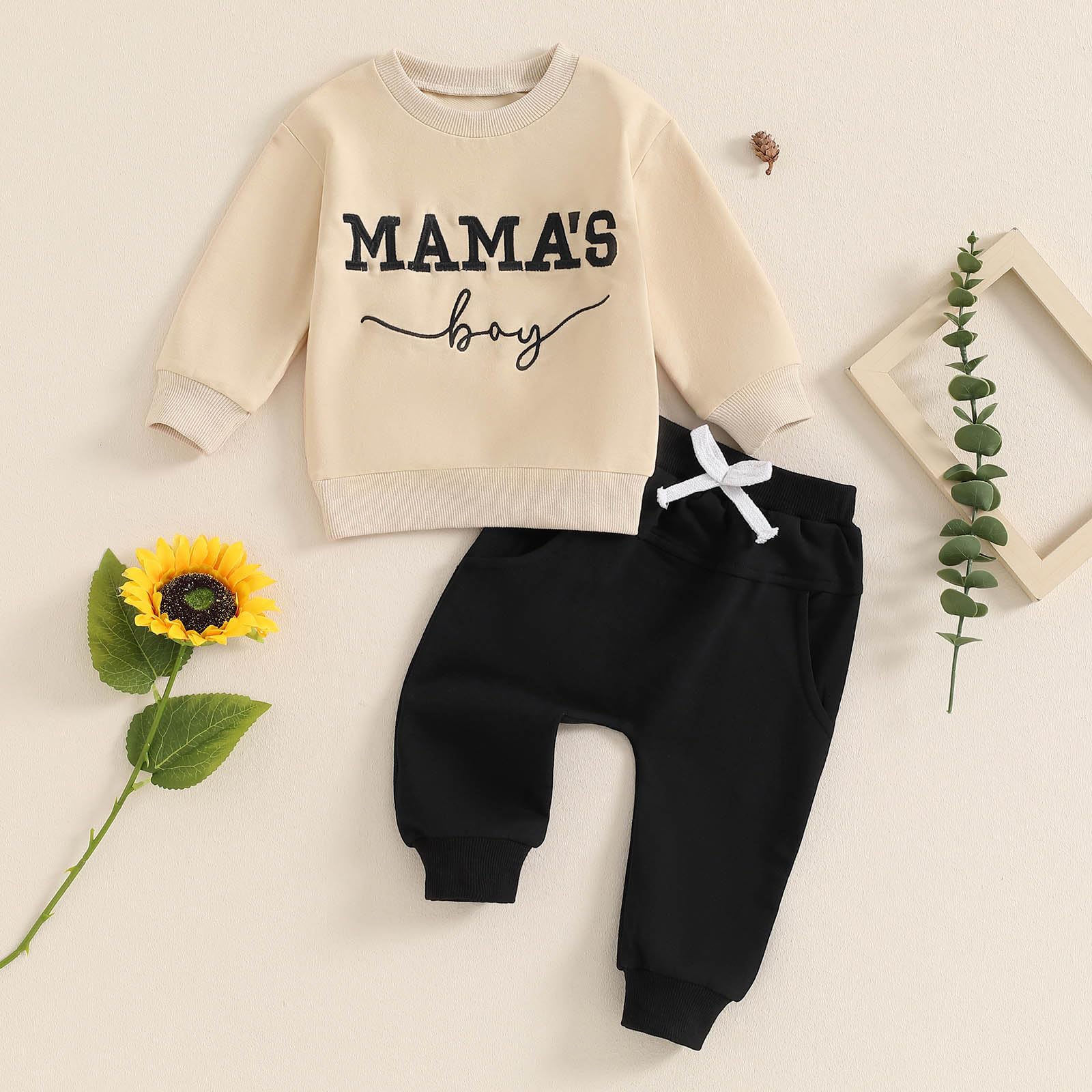 FOCUSNORM Toddler Baby Boy Fall outfit Mama's Boy Letter Embroidery Sweatshirt Top Elastic Pants Set Cute 2pcs Winter Clothes (Khaki, 18-24 Months)