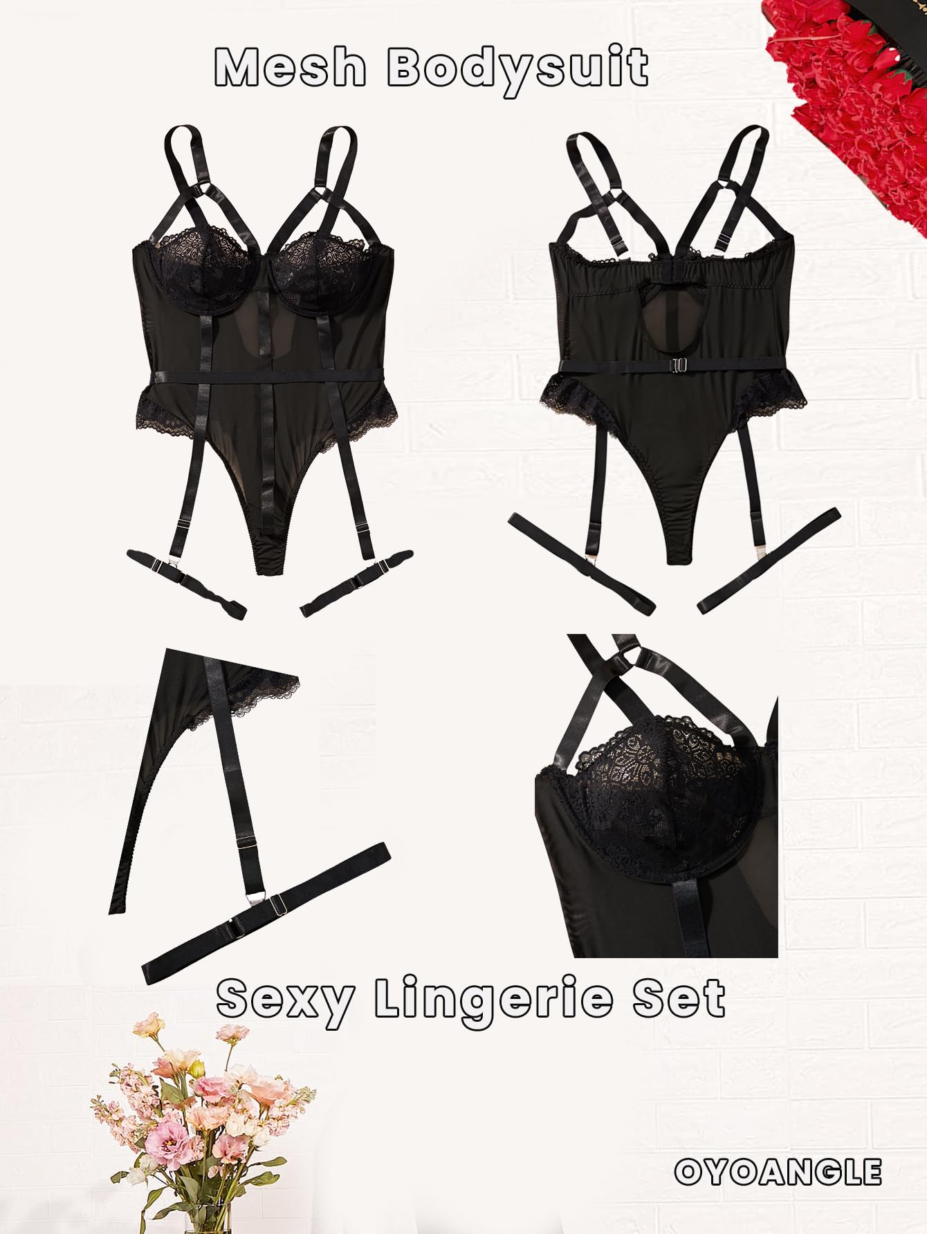 OYOANGLE Women's Plus Size Ring Linked Cut Out Sheer Mesh Teddy Bodysuit Garter Lingerie Set Black 3XL