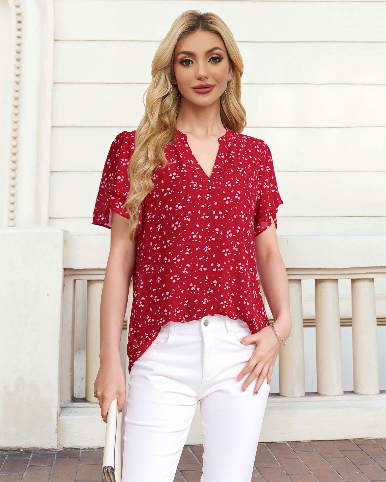 Lotusmile Women's Dressy Summer Tops - Polka Dot Blouses, Chiffon Casual Sophisticated Short Sleeve Tops for Petite Women