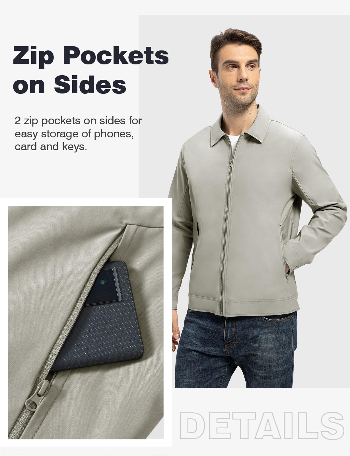 TBMPOY Men's Lightweight Jackets Casual Windbreaker Stylish Light Fall Spring Golf Work Dress Business Light Gray L