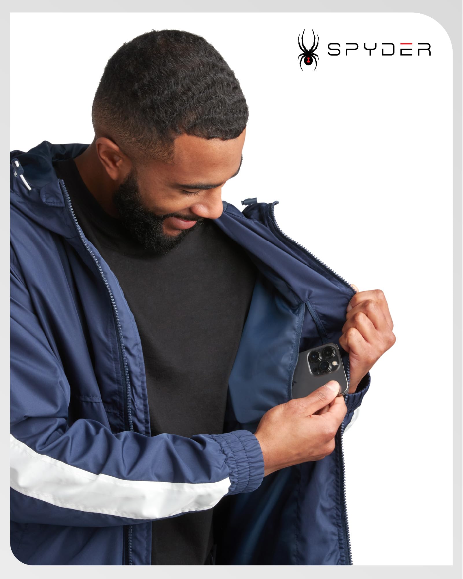 Spyder Mens Windbreaker Jacket - Lightweight Wind & Water-Resistant Hooded Zip Up Jacket for Travel Running Golf & Daily Wear, Size Large, True Navy