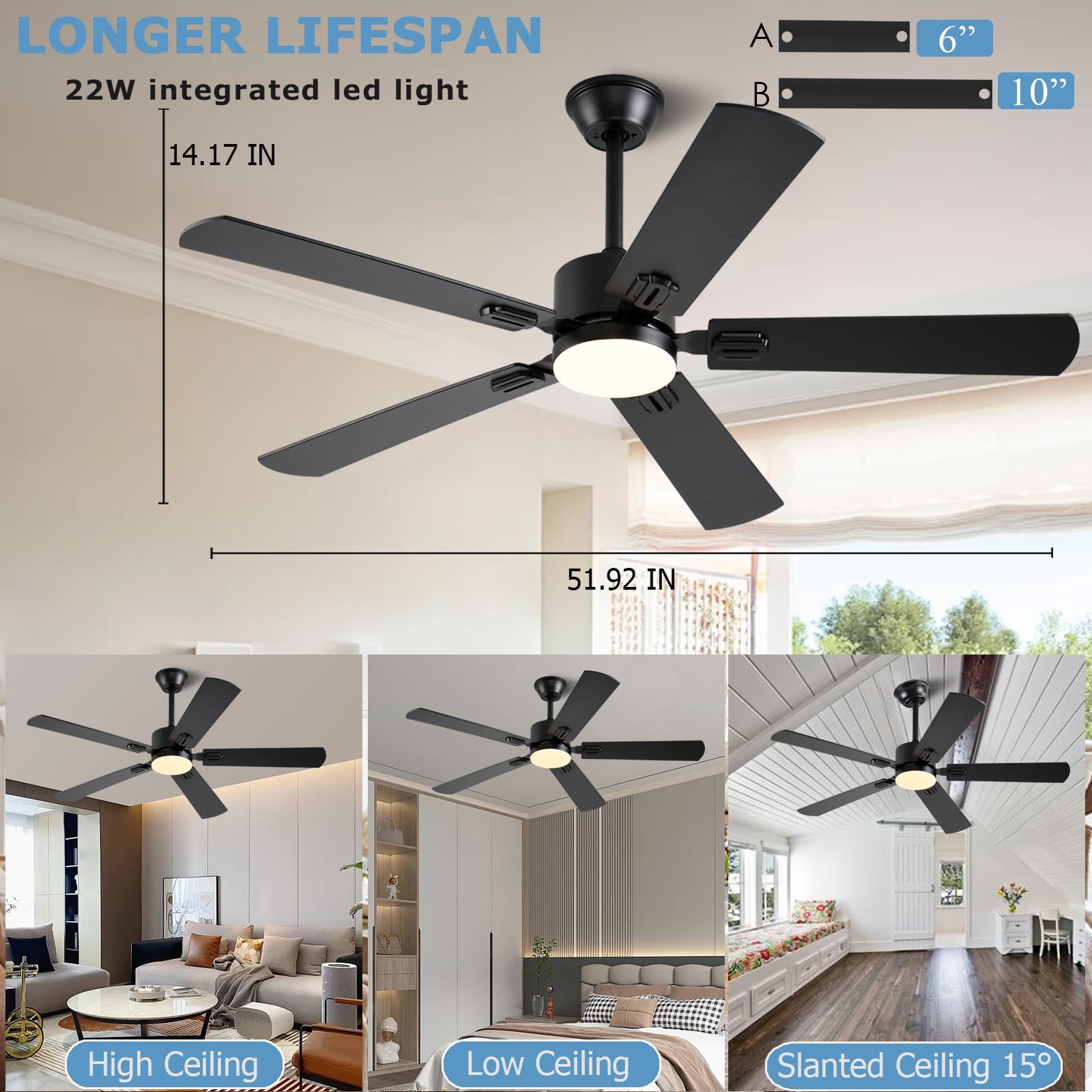 FUMLTP 52 inch Modern Ceiling Fans with Lights APP/Remote Control, Low Profile Reversible 6 Speeds Ceiling Fan Light for Indoor/Outdoor Patio Bedroom Living Room,Black