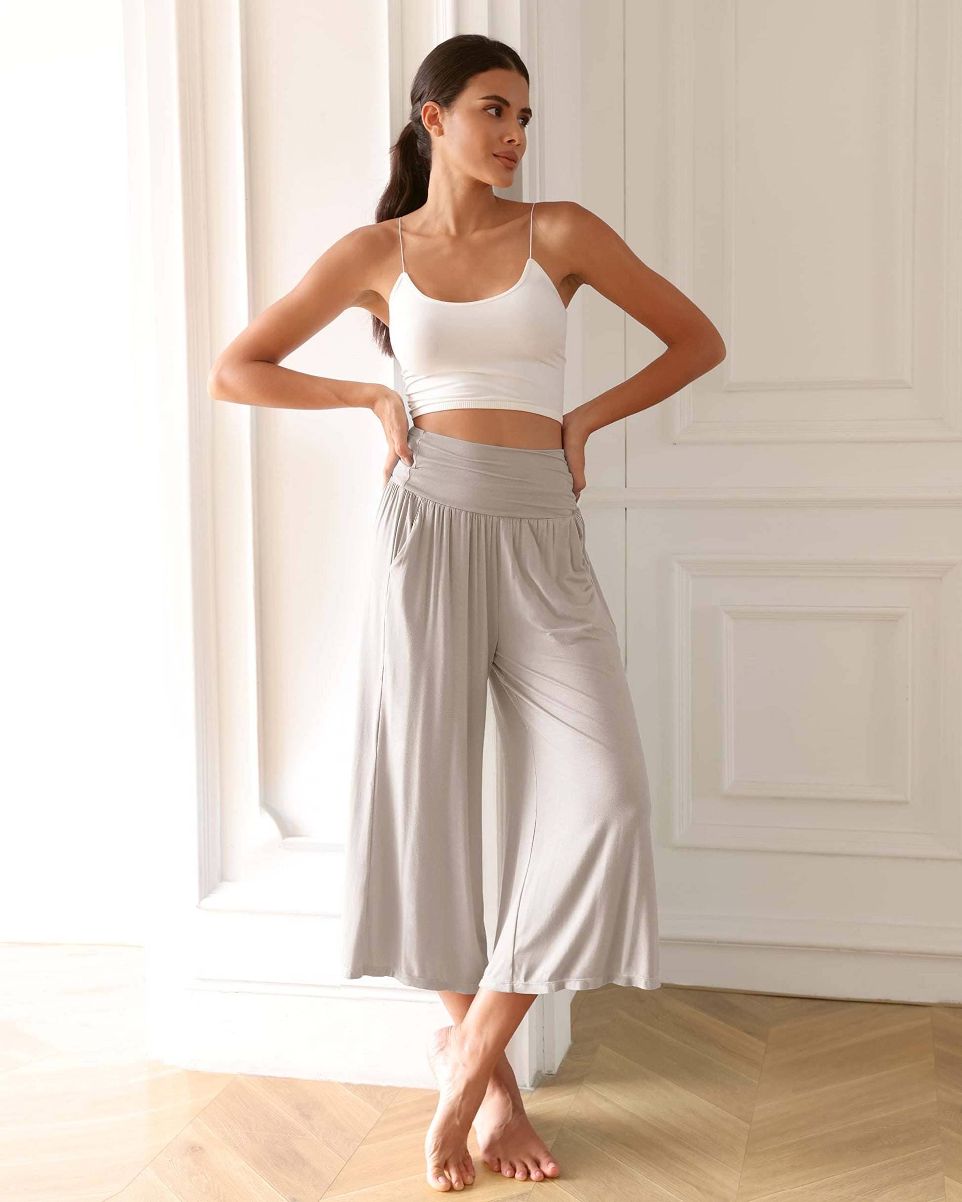 ODODOS Women's Wide Leg Palazzo Lounge Cropped Pants with Pockets Light Weight Comfy Casual Pajama Capri Pants-22 inseam, Light Beige, XX-Large