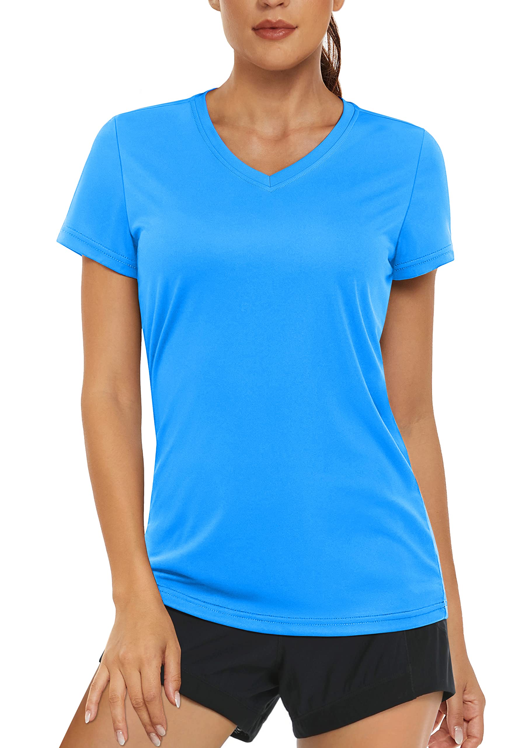 MAGCOMSEN Womens Lightweight T-Shirt Short Sleeve Shirts Sun Proof Baselayer Shirts Gym Running Sportswear Active Shirts Azure L