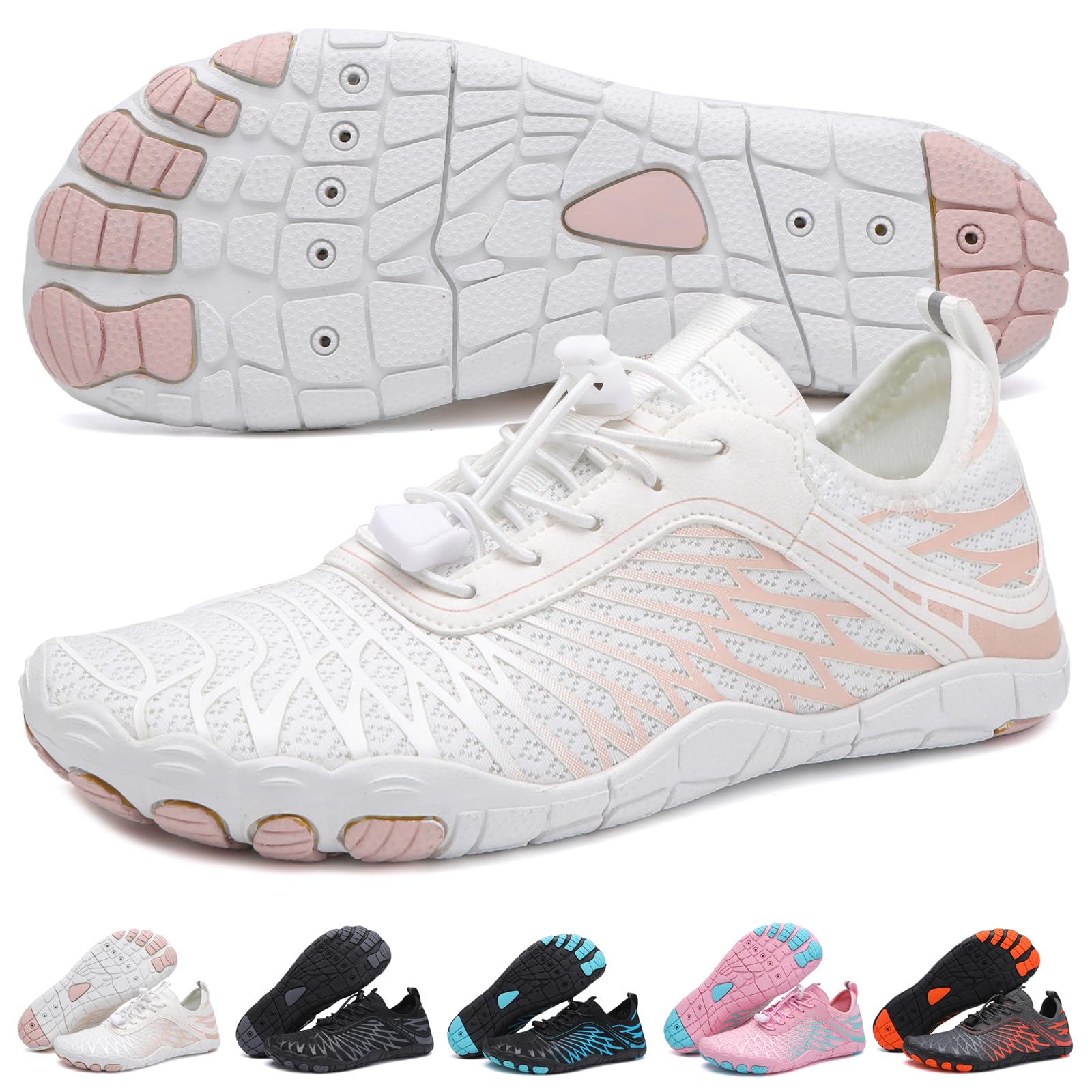 Hike Barefoot Shoes Womens Men,Unisex Barefoot Water Shoes Breathable, Anti-Slip Hiking Footwear for Athletic Wide Toe Shoe Footwear for Hiking, Walking, Running, Yoga, and Water Sports White Pink