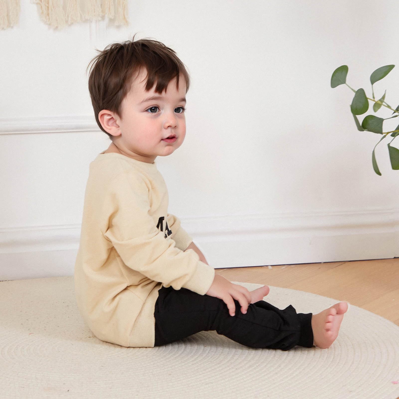 FOCUSNORM Toddler Baby Boy Fall outfit Mama's Boy Letter Embroidery Sweatshirt Top Elastic Pants Set Cute 2pcs Winter Clothes (Khaki, 18-24 Months)