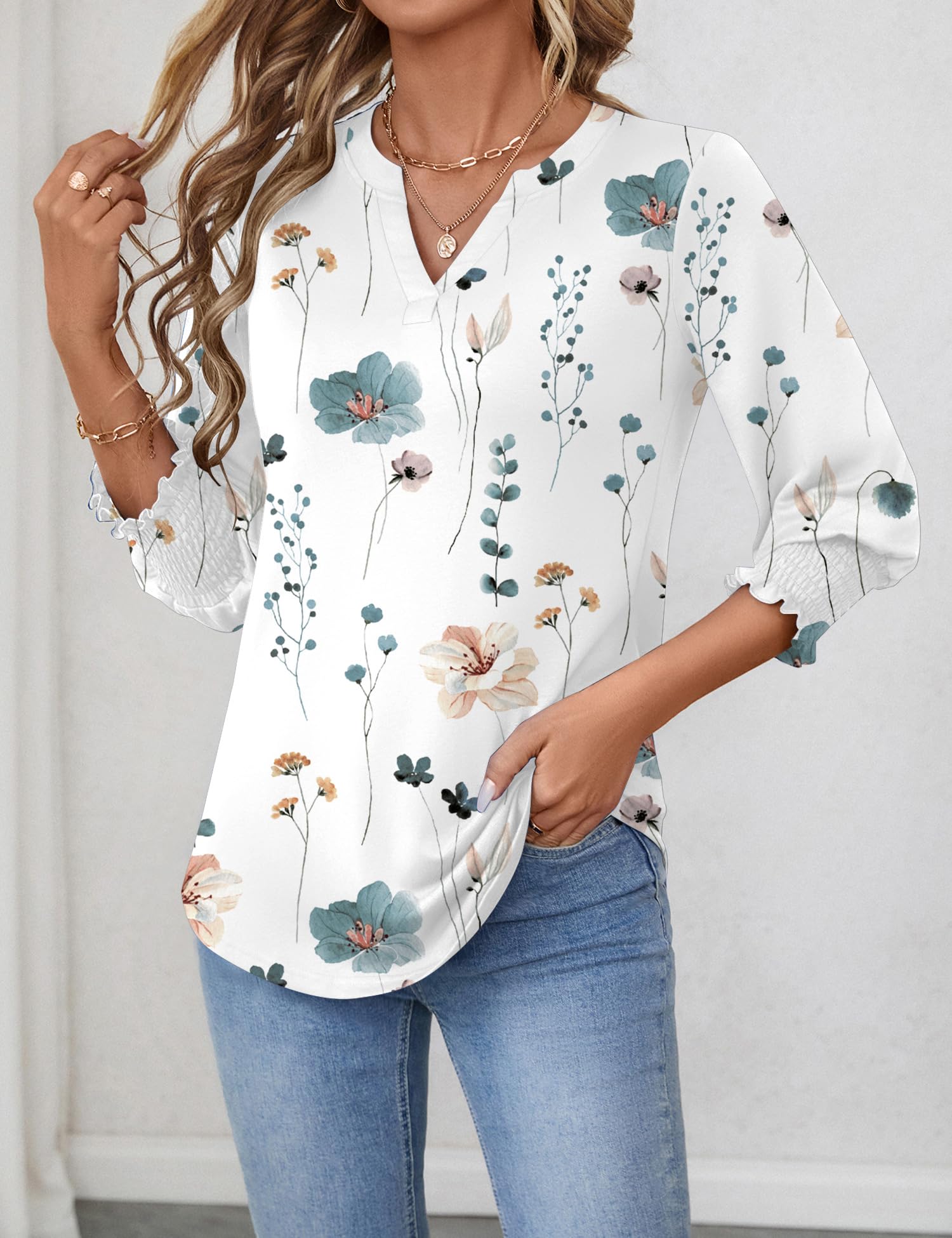 LOMON Womens Business Casual Tops 3/4 Sleeve Shirts for Women Plus Size Summer Outfits V Neck Tunic Blouses White Blue Floral XL