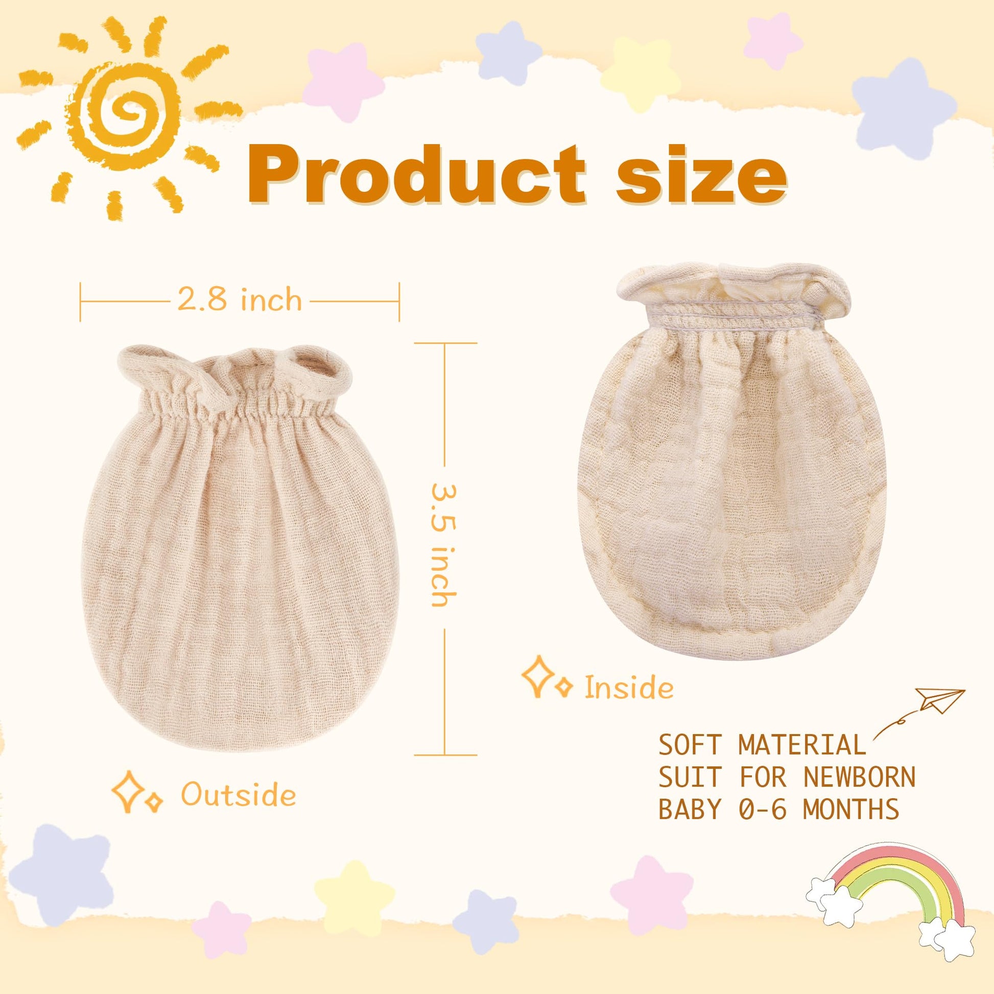 Pro Goleem 3-Pack Muslin Baby Mittens for Newborn, 100% Cotton No Scratch Soft Breathable Gloves with Elastic Strap for Baby Boy and Girls 0-6 months, Brown Beige Grey