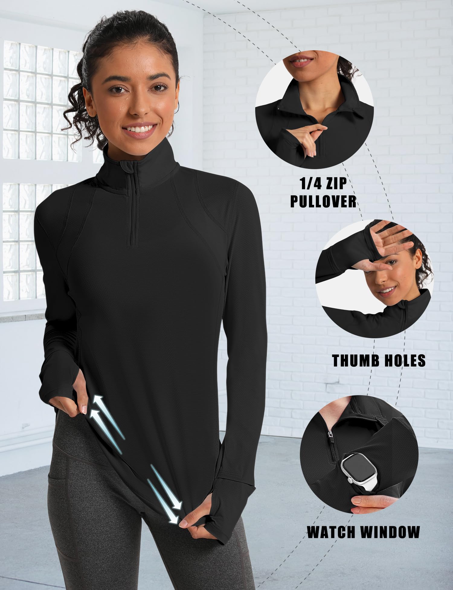 IECCP Womens Long Sleeve Shirts UPF 50+ Sun Protection 1/4 Zip Sun Shirts Summer Quick Dry Workout Golf Tops Quarter Zip Pullover with Thumb Hole (Black,XL)