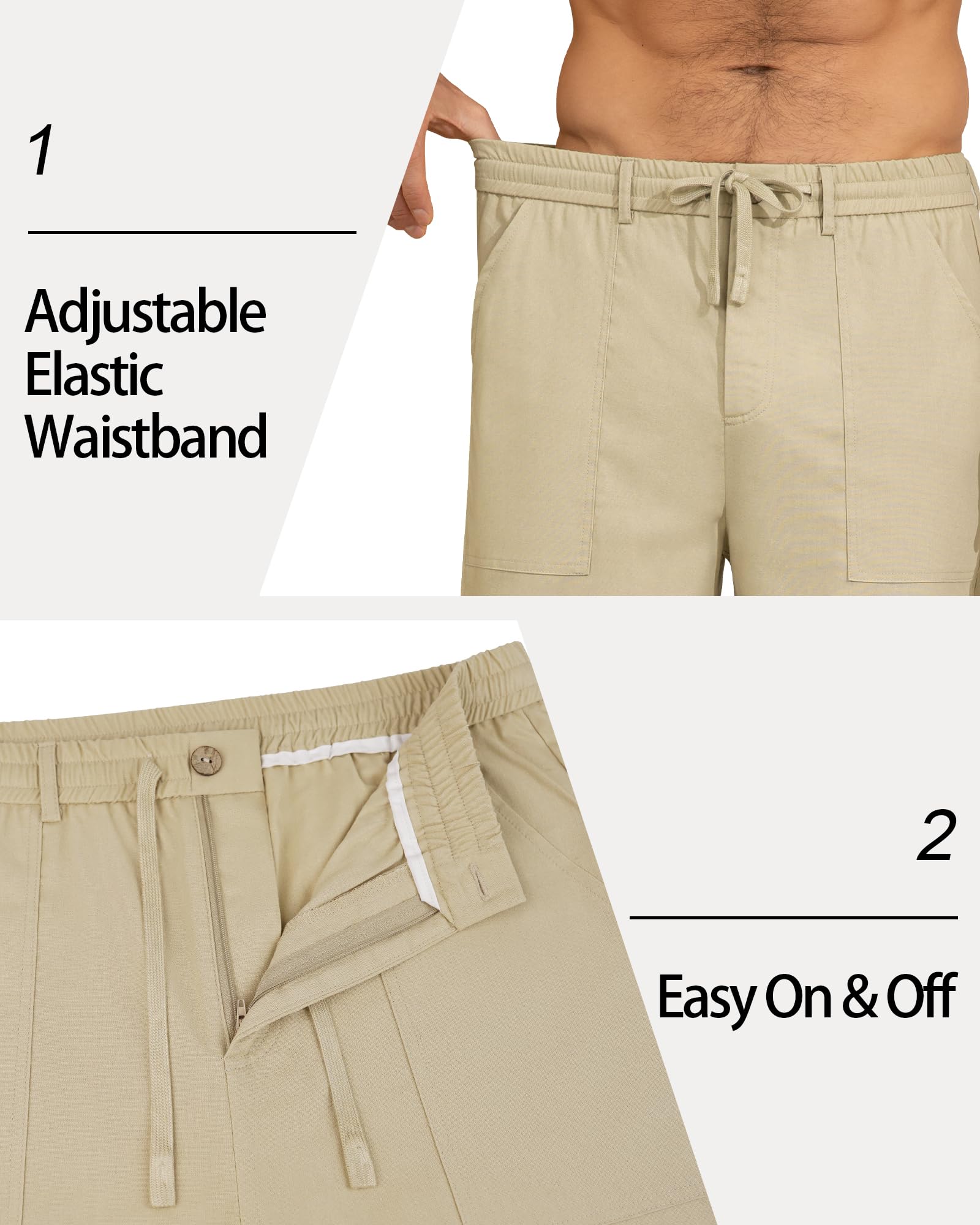 DOWMQ Mens Linen Pants Casual Elastic Waist Drawstring Pants Loose Straight Linen Pant Beach Trousers with 4 Pockets Khaki, M