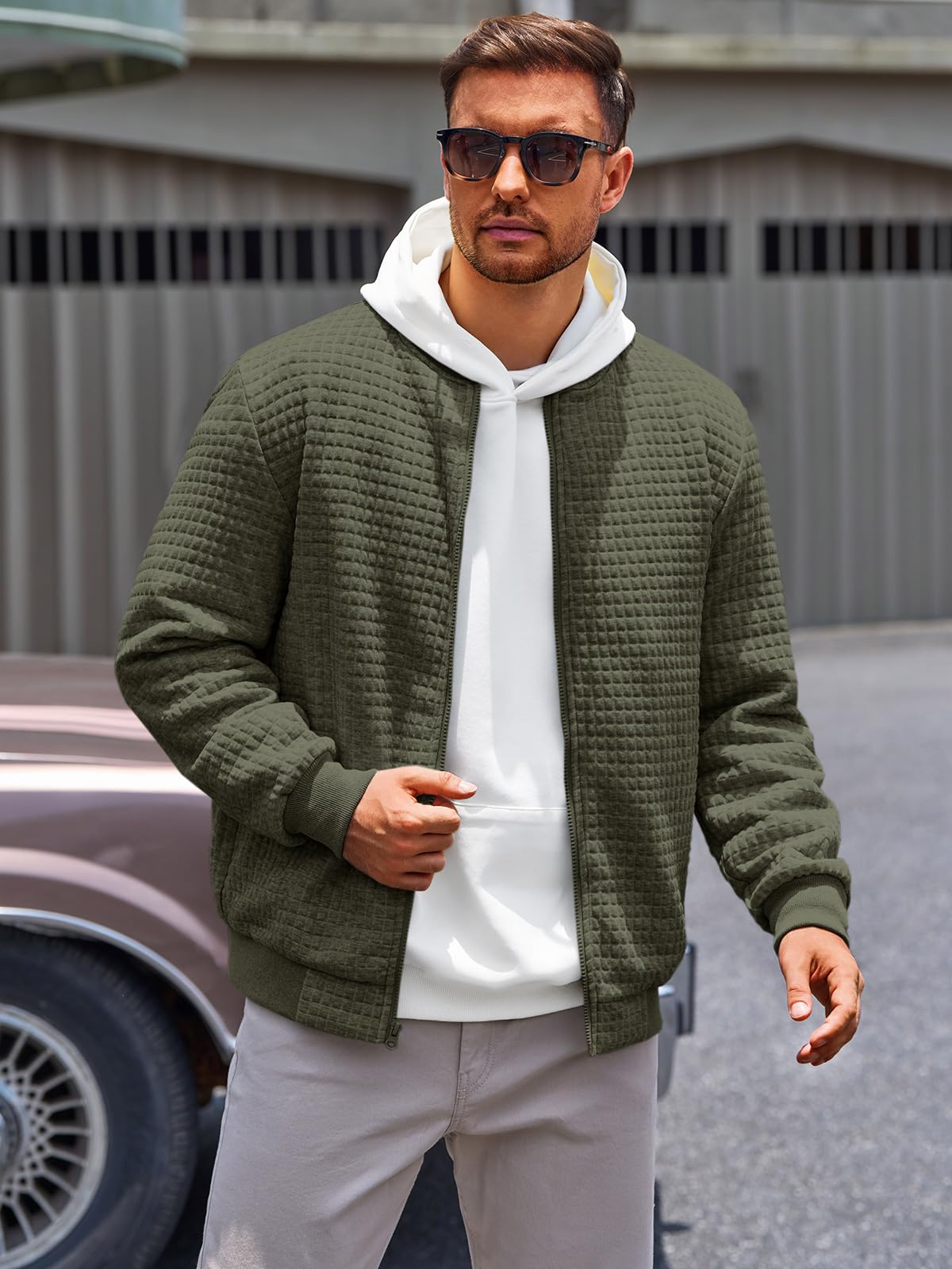 Runcati Mens Bomber Jacket Casual Lightweight Varsity Jackets Waffle Full Zip Coat