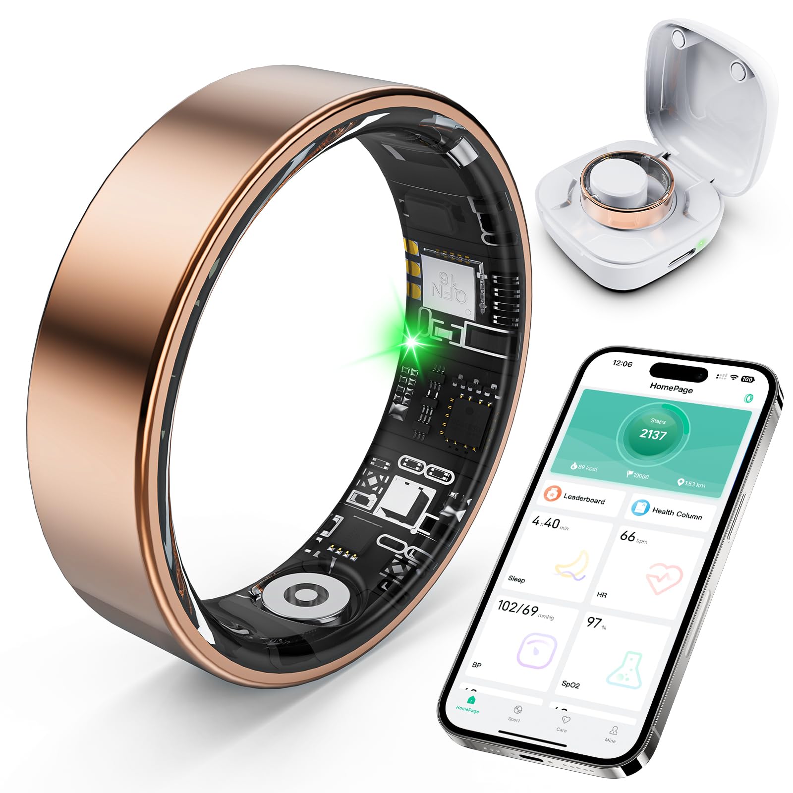 SARUNN ER Smart Ring with Sleep Monitoring, Step Counting, Heart Rate, Blood Oxygen, Blood Pressure for iPhone and Android, No Subscription Fee, IP68 Waterproof Health Tracker (Rose Gold, 10)