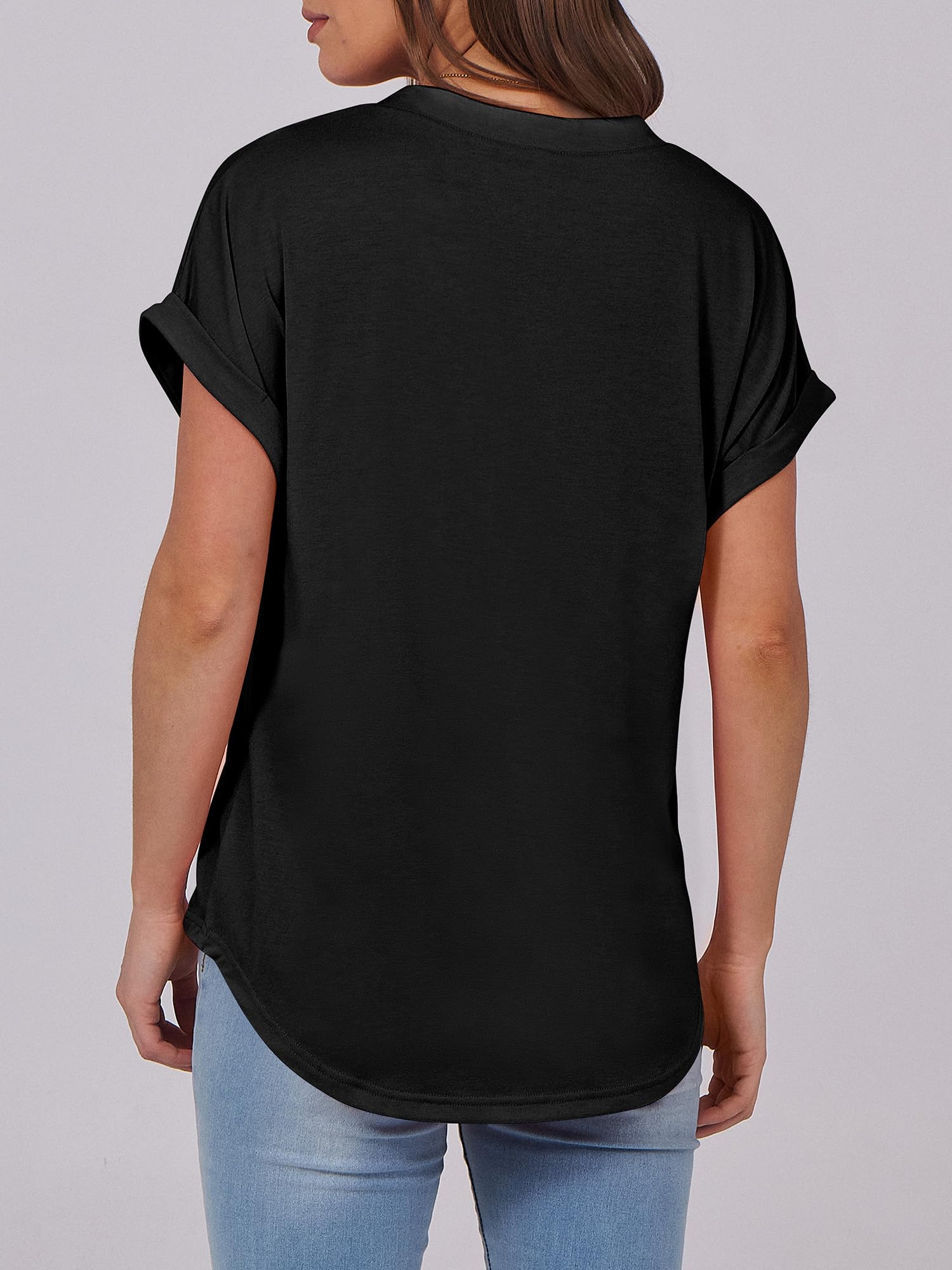 ANRABESS Womens Short Sleeve Henley Tops V Neck Dressy Casual Blouses Summer Trendy Tee Shirts 2025 Vacation Fashion Clothes Black L