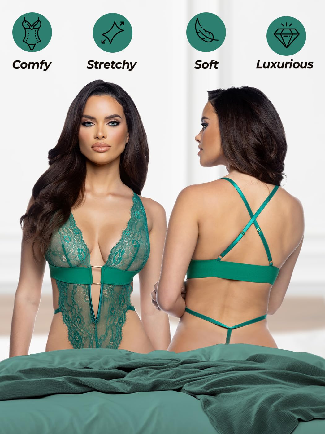 Roma Confidential Lace Teddy Lingerie for Women Fever Dream Sexy Teddy Bodysuit One Piece, Stretch Satin & Lace, Golf Green