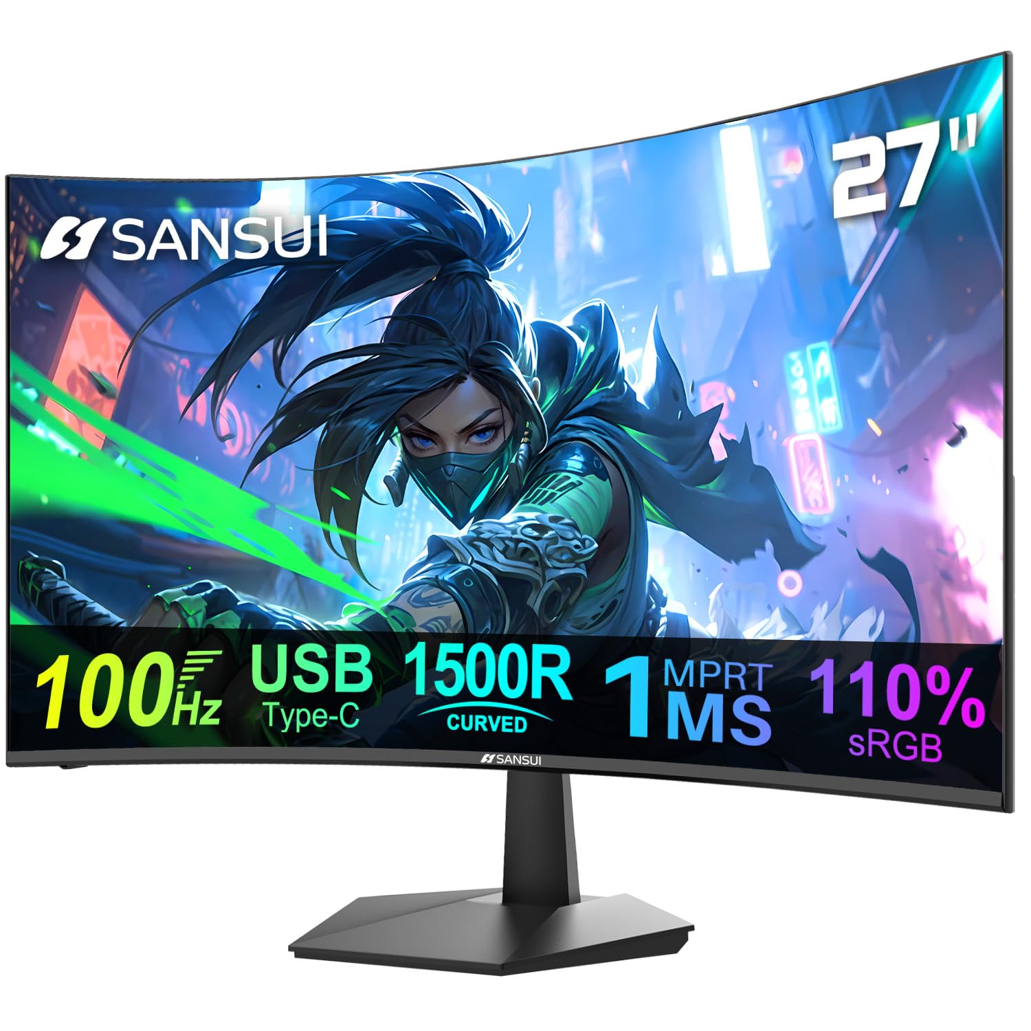 SANSUI Curved Monitor 27 inch 100Hz USB Type-C Computer Monitor with Speakers Built in丨FHD 1080p丨HDR丨110% sRGB丨1500R丨VESA Compatible,for Tablet,Desktop,Laptop and PC Work Gaming