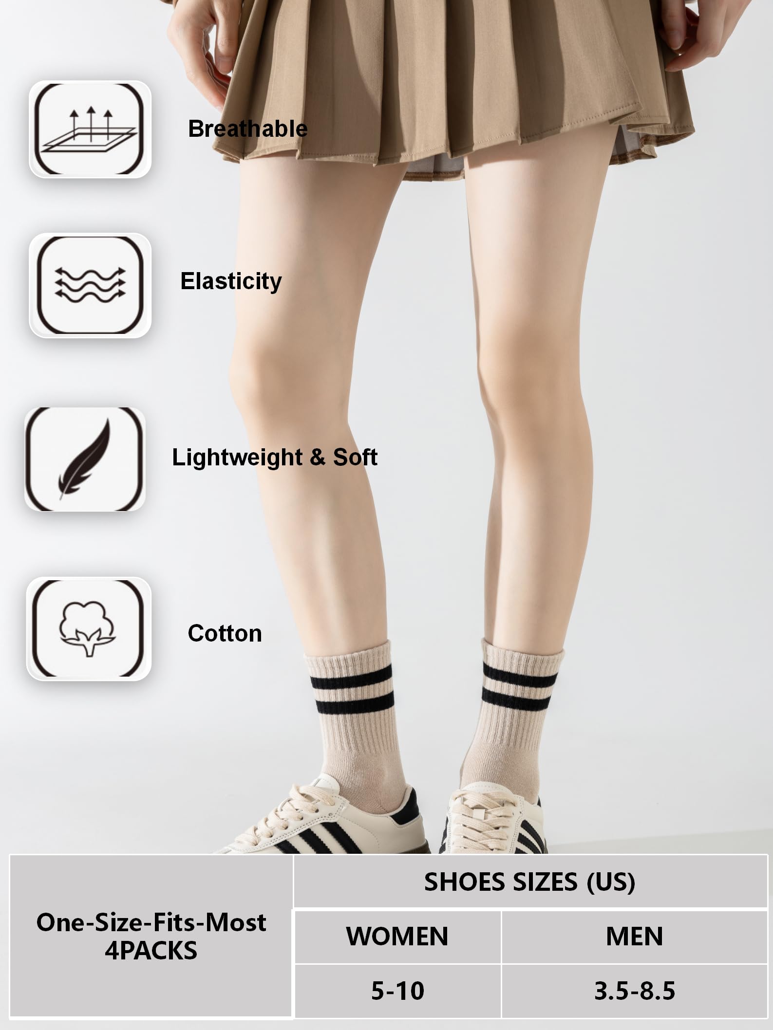 YUWELL Womens Striped Crew Socks, Cotton Cozy Casual Socks for Women 4 Pairs, Size 5-10,Mixcolor