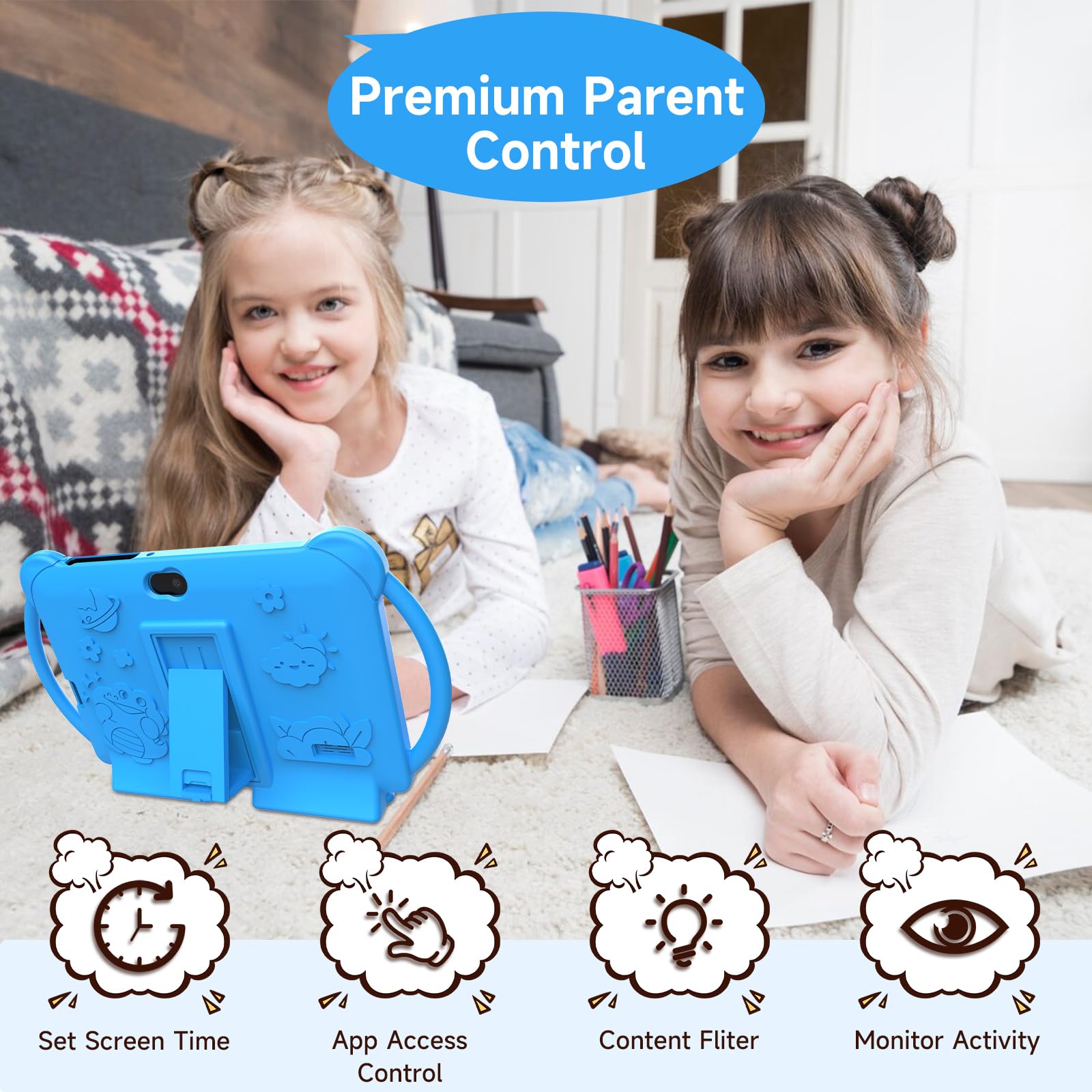 Kids Tablet 7 inch Android 12.0 for Toddler, 4GB RAM 32GB ROM Bluetooth IPS Screen Parental Control Dual Camera Shockproof Case for Educational Games, (1PCS, Blue)