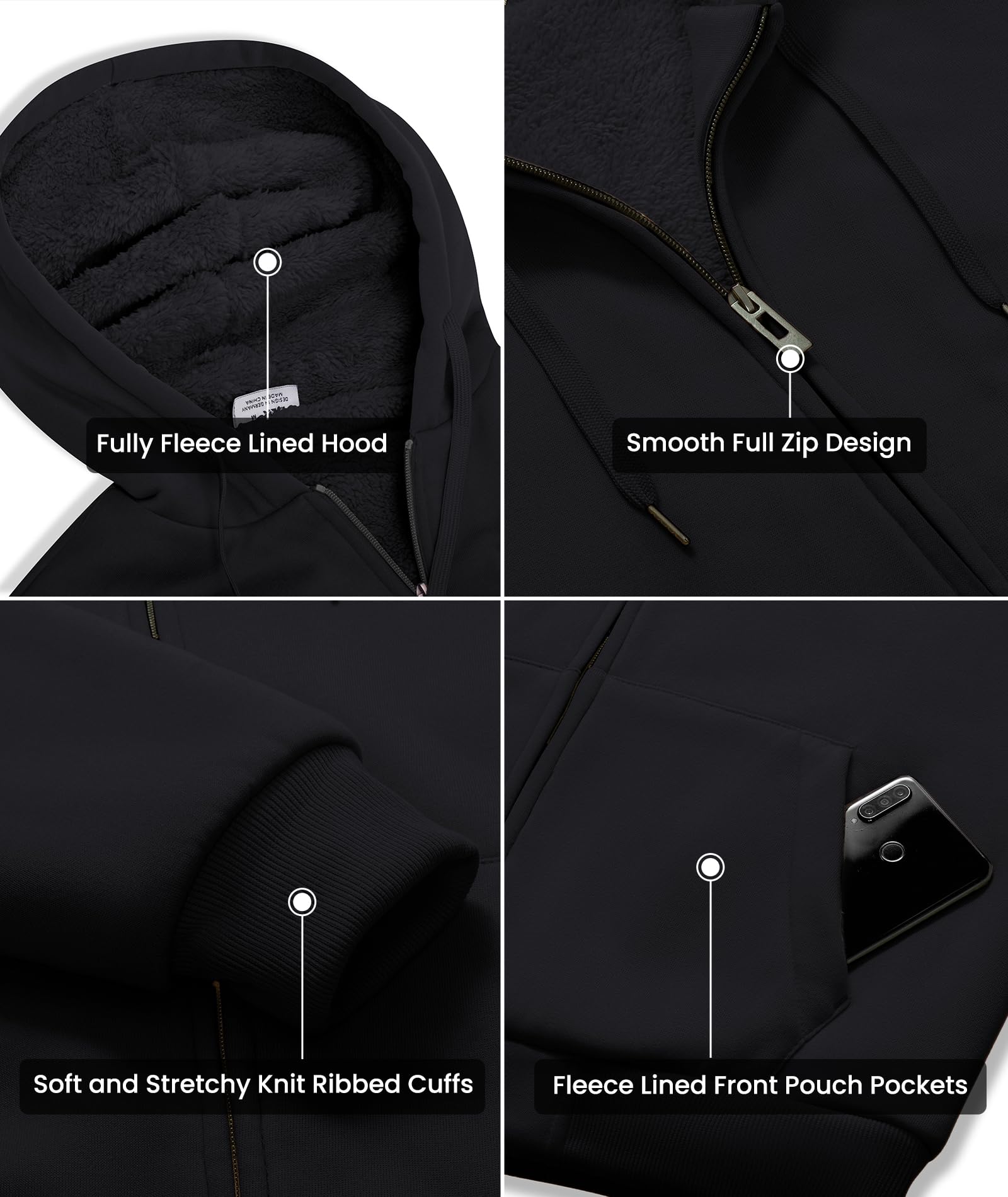 GEEK LIGHTING Hoodies for Men Heavyweight Fleece Sweatshirt - Full Zip Up Thick Sherpa Lined All black L