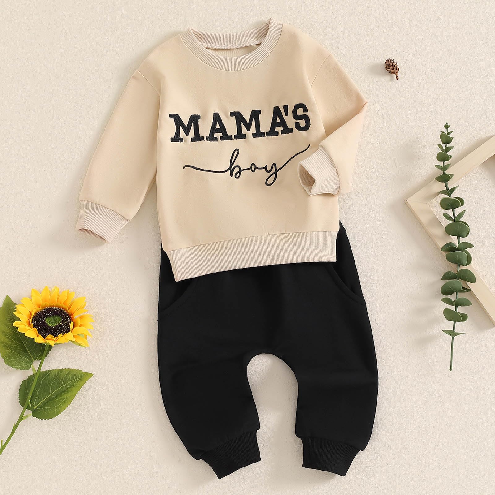 FOCUSNORM Toddler Baby Boy Fall outfit Mama's Boy Letter Embroidery Sweatshirt Top Elastic Pants Set Cute 2pcs Winter Clothes (Khaki, 18-24 Months)
