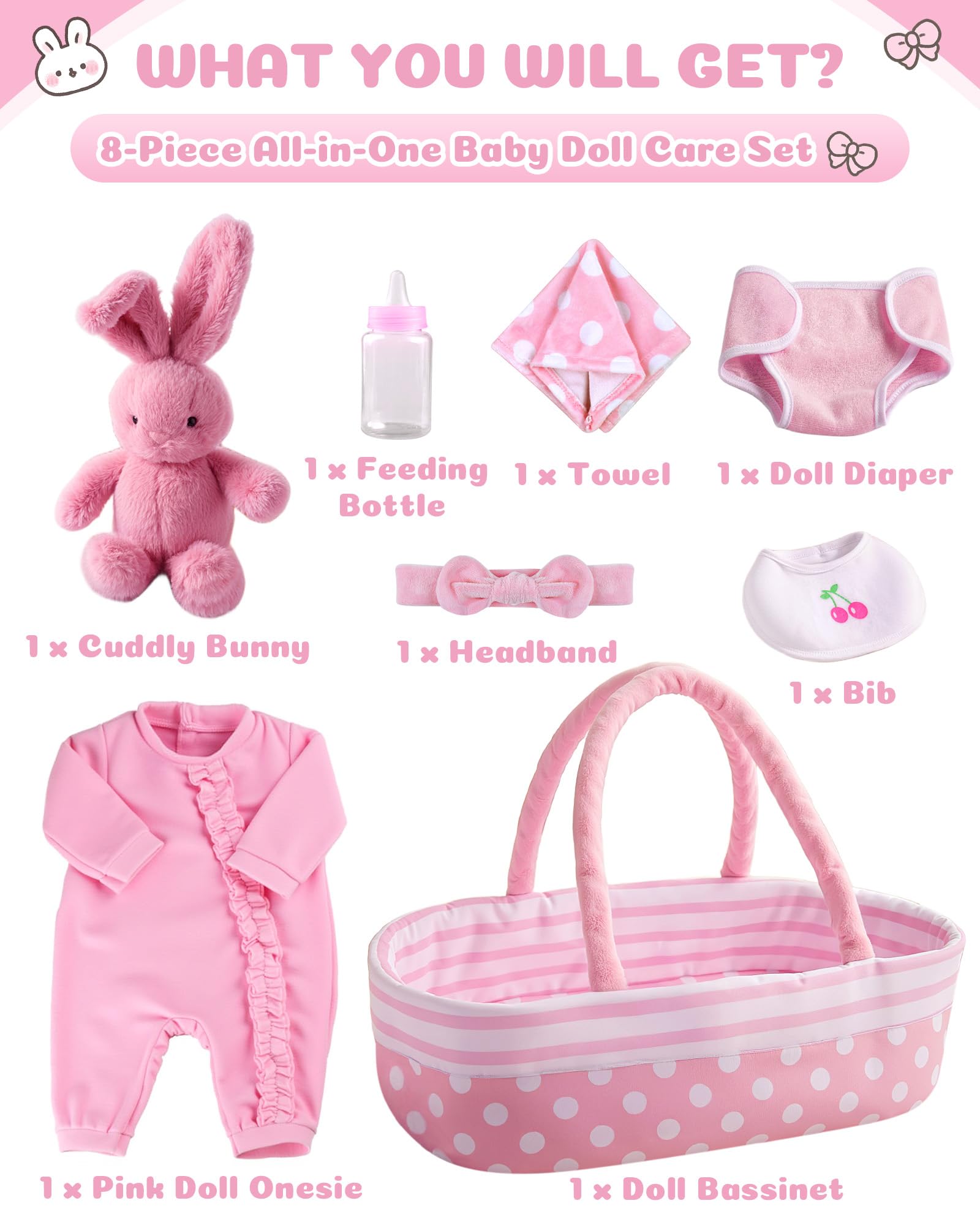 BABESIDE 8 Pcs Baby Doll Accessories, Reborn Baby Dolls Clothes with Bassinet for 17-22 Inch Baby Dolls, Outfit fit Newborn Babies Doll Girl, Babies Pretend Play Set