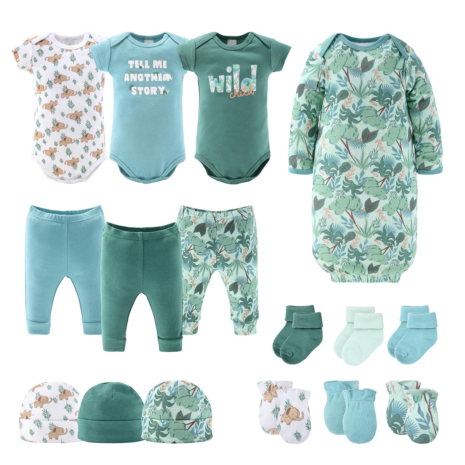 The Peanutshell Baby Layette Gift Set for Boys or Girls - 16 Piece New Born Unisex Gift Set, Baby Clothes & Newborn Essentials Must Haves - Newborn Clothes 0-3 Months - Wild Jungle