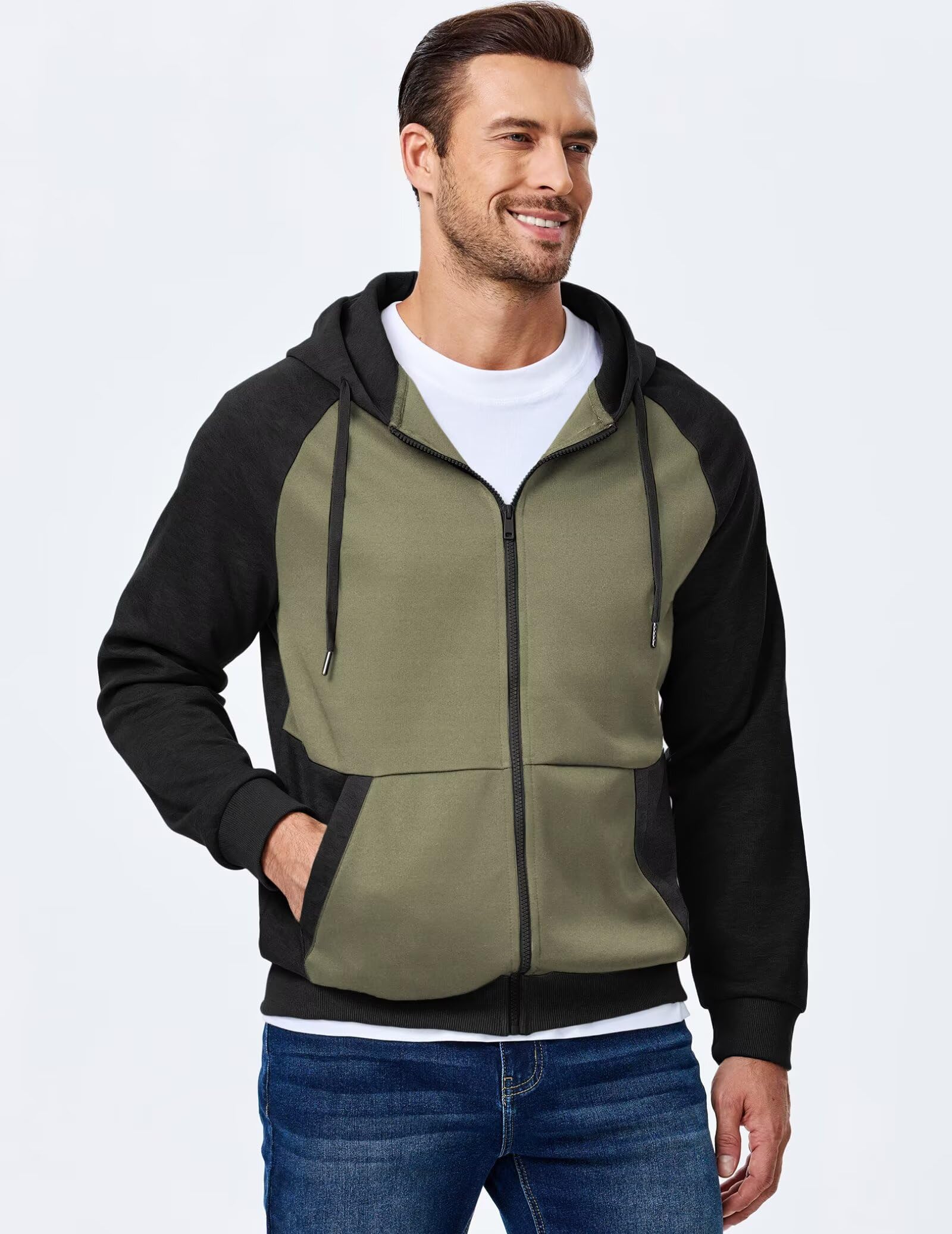 Dokotoo Men Mens Full Zip Hoodie Casual Long Sleeve Drawstring Zipper Hoodies Fall Winter Jackets Coats Color Block Lightweight Comfort Fashion Sweatshirts With Pocket Green X-Large