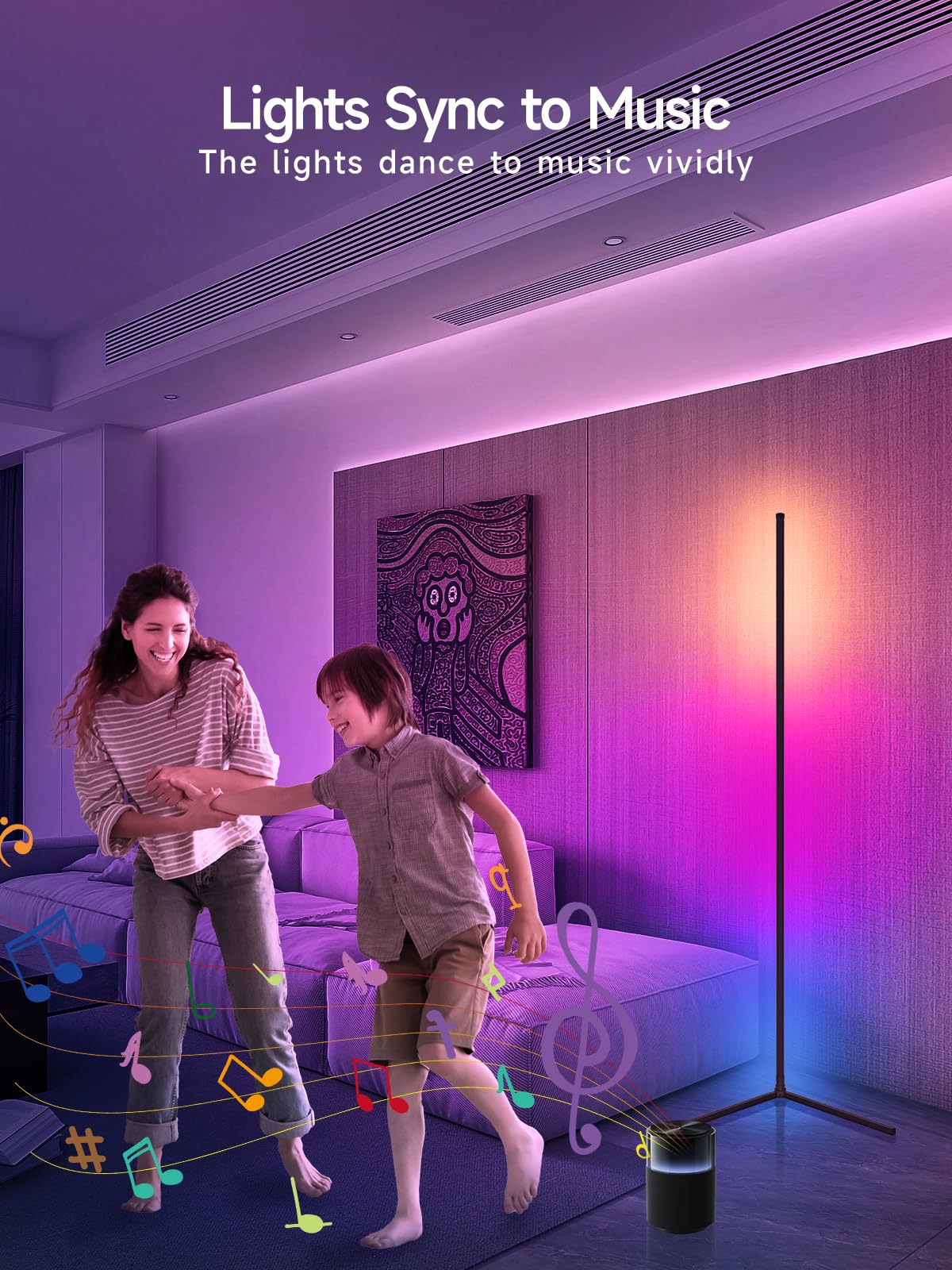 Tyute Corner Floor Lamp, RGB LED Corner Lamp with Music Sync, Smart App and Remote Control Color Changing Ambience Light, LED Lamp with 16 Million Colors for Bedroom, Living Room Gaming Room