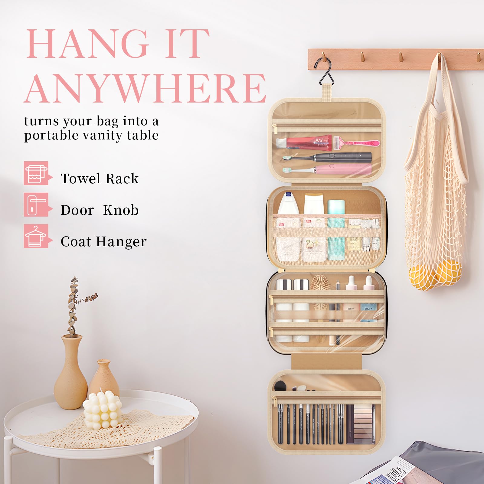 HOTOR Travel Toiletry Bag w/Hanging Hook - Spacious Toiletry Bag Essentials for Women & Men, Makeup Bag/Big Comparment, Waterproof for Travel Accessories, Medium, Black