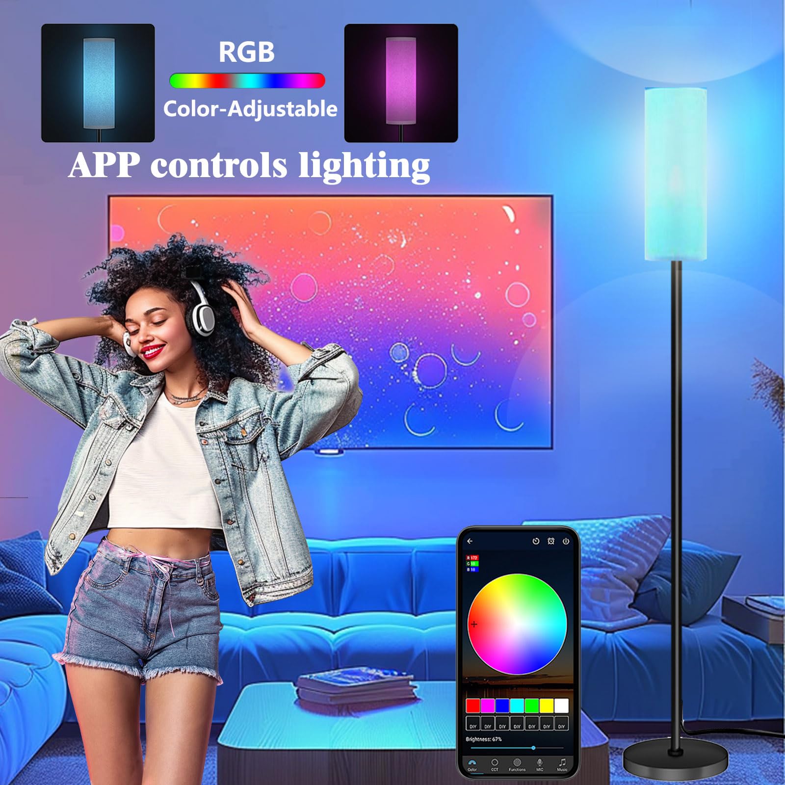 Qaubauyt Smart LED Floor Lamp with APP Control & RGB Colors - Dimmable Standing Lamp for Living Room, Bedroom, Gaming - Remote, Timer, 9W Bulb Included, 67" Modern Tall Lamp (White)