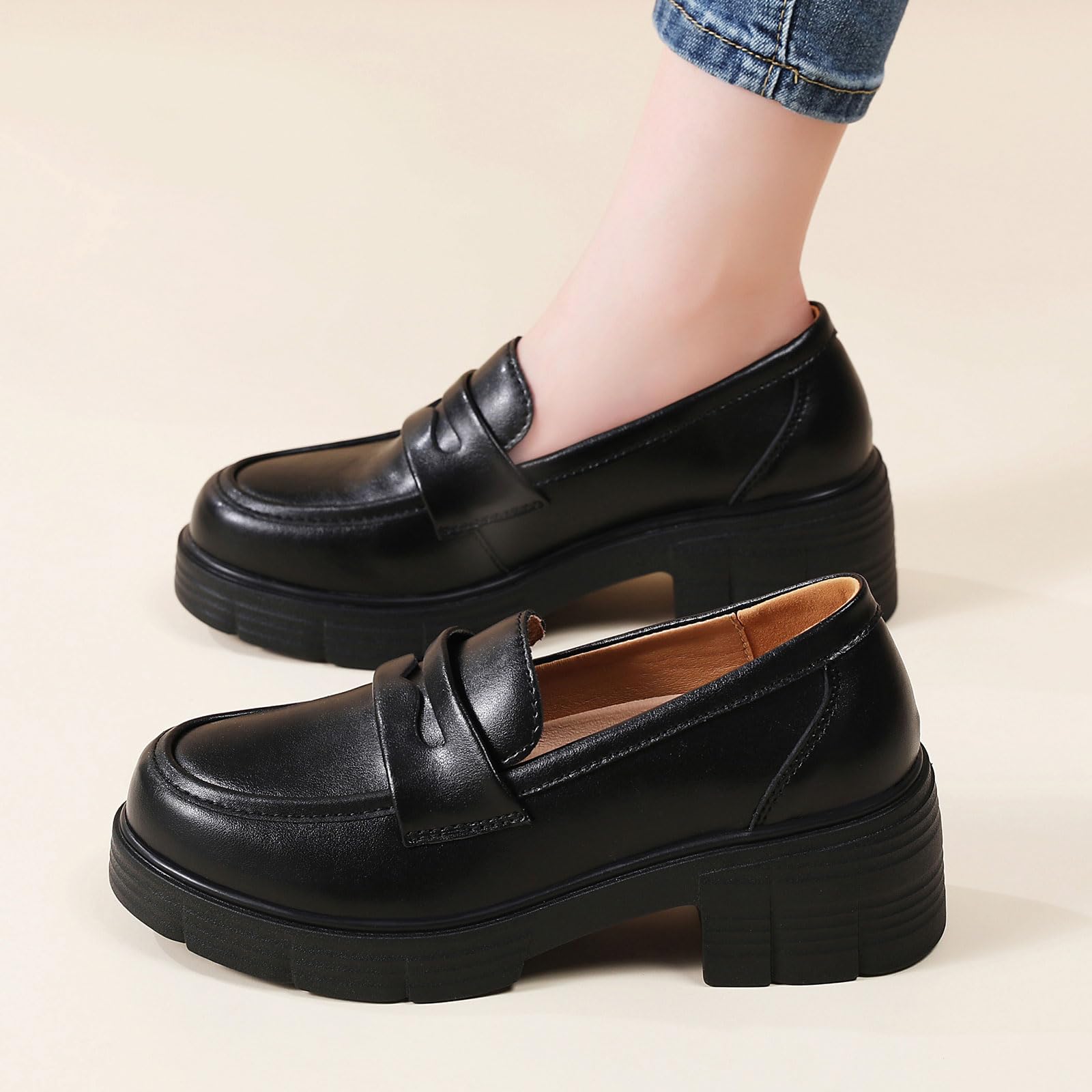 TKKAE Loafers for Women Women's Penny Platform Chunky Loafers Slip-Ons Comfortable Business Casual Dress Office Work Shoes for Ladies,Black Leather,6