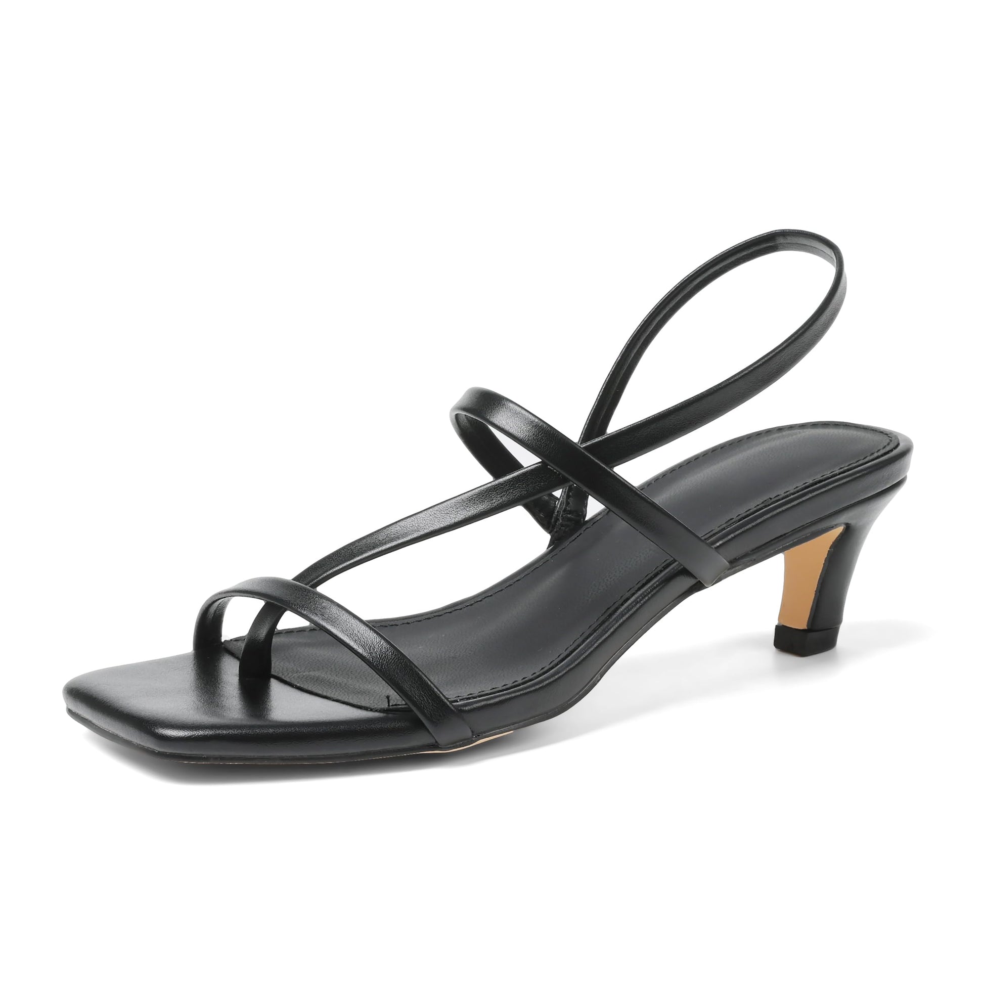 Phefarer Strappy Kitten Heels Heels for Women Open Toe Low Square Toe Thong Sandals Summer Black