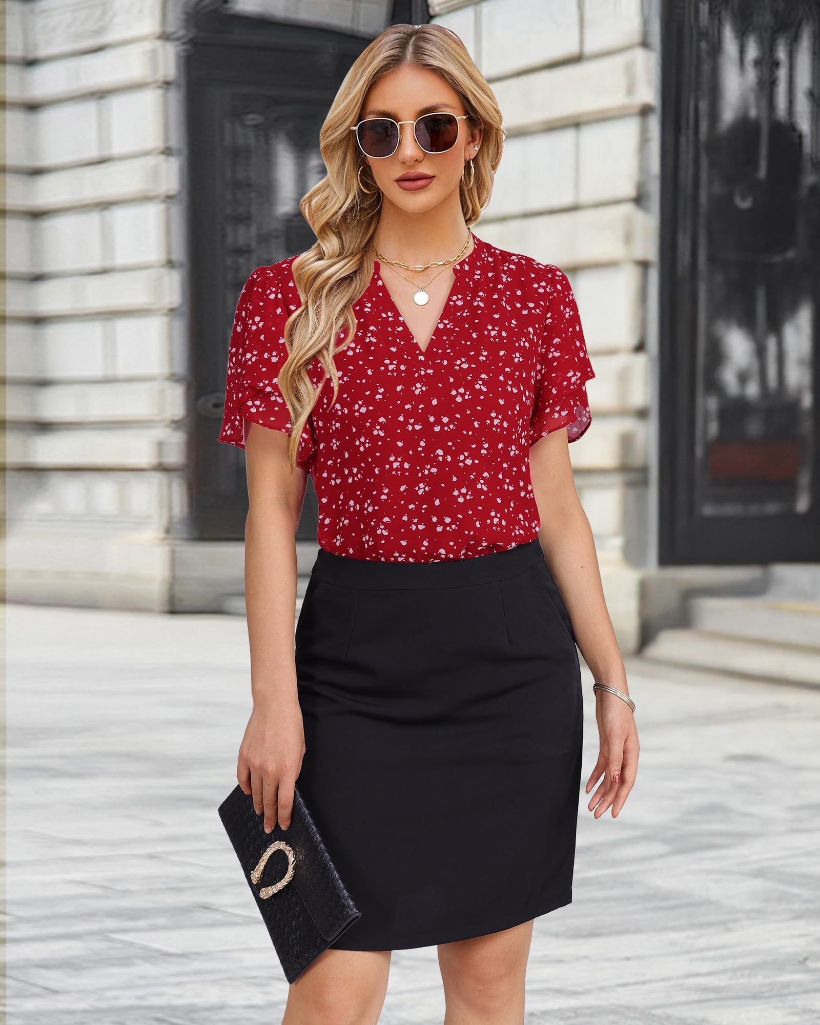 Lotusmile Women's Dressy Summer Tops - Polka Dot Blouses, Chiffon Casual Sophisticated Short Sleeve Tops for Petite Women