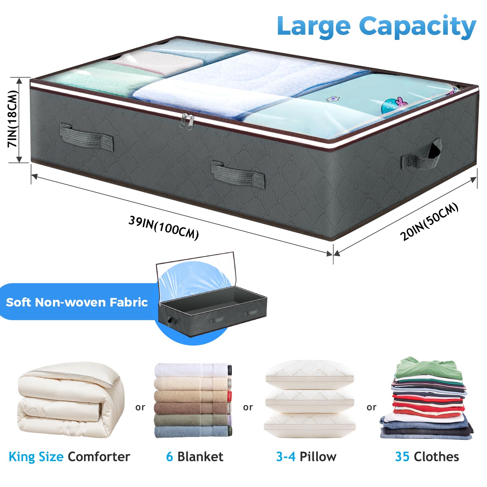 Budding Joy 90L Under Bed Storage Containers, Closet Organizers and Storage Bins, Foldable Underbed Storage Bags for Blanket, Clothing, Comforter, Sweaters, Pillows, Linen Sheets, Wrapping Paper, Grey