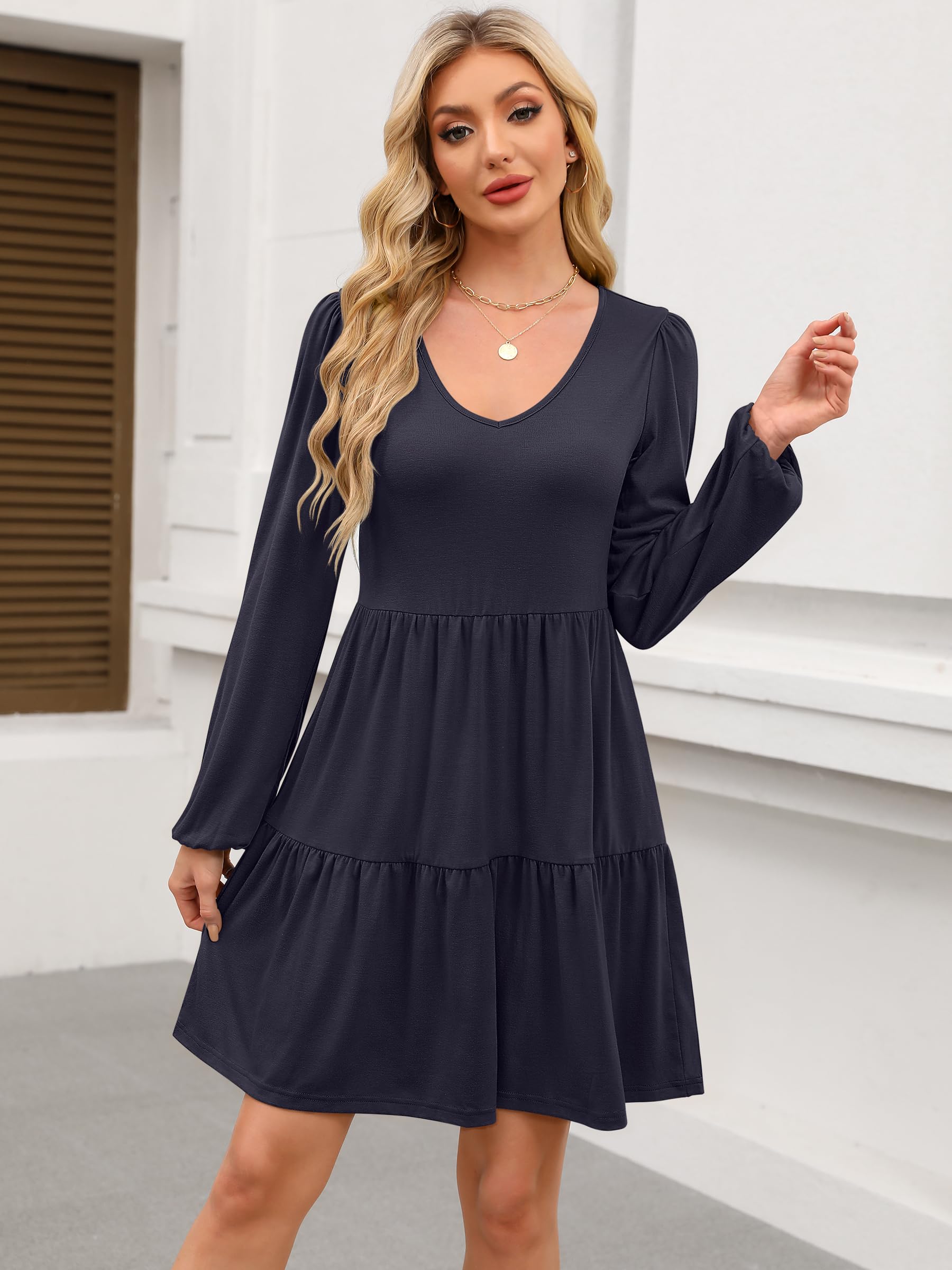 ANRABESS Womens Long Sleeve Dress 2025 Fall Casual V Neck Tiered Flowy Short Dresses Beach Travel Vacation Outfits Navy Blue Large