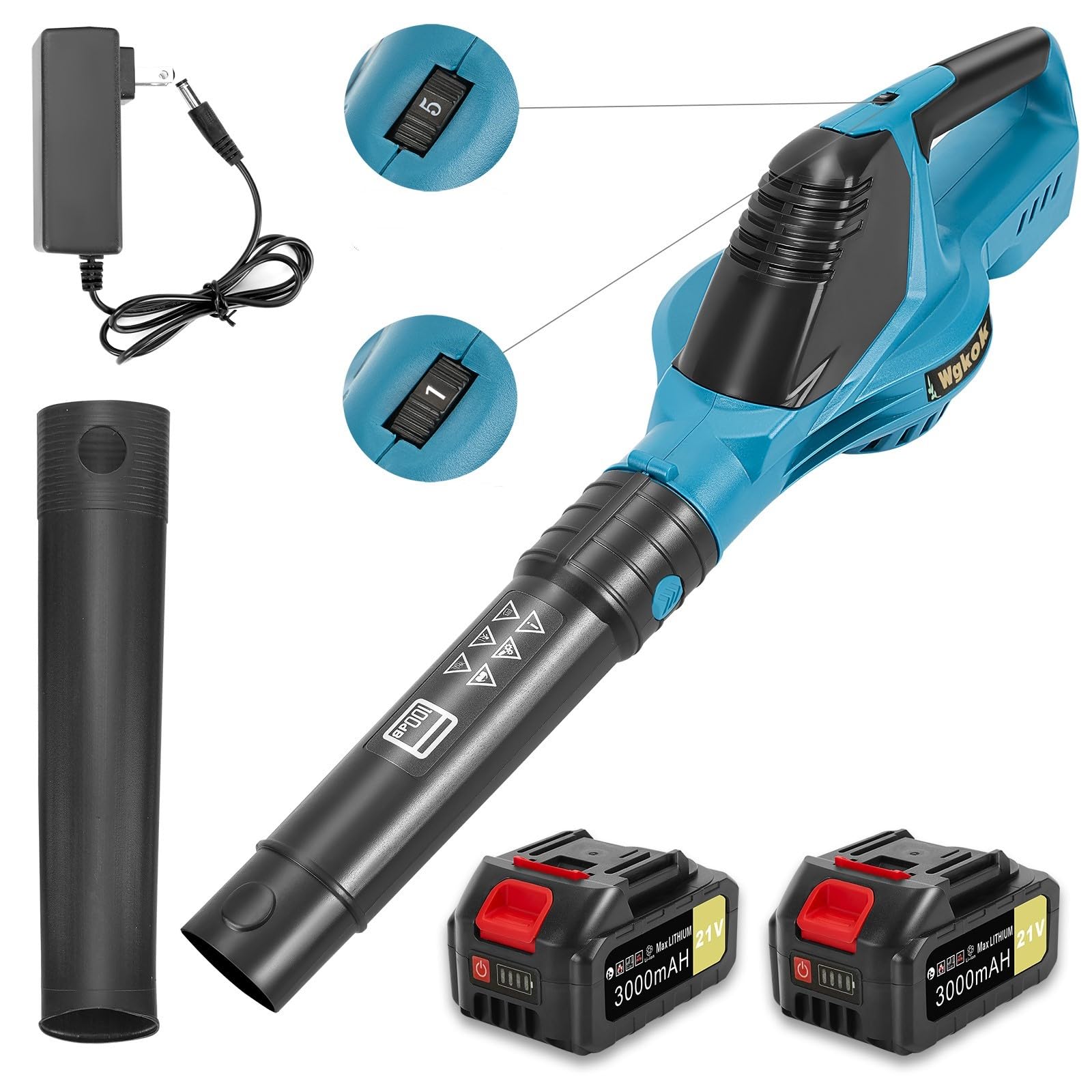 Wgkok Leaf Blower Cordless - 21V 5-Speed Mode Electric Cordless Leaf Blower with 2 Batteries and Charger, 2.0Ah Lightweight Battery Powered Leaf Blowers for Lawn Care, Patio, Blowing Leaves (Blue)