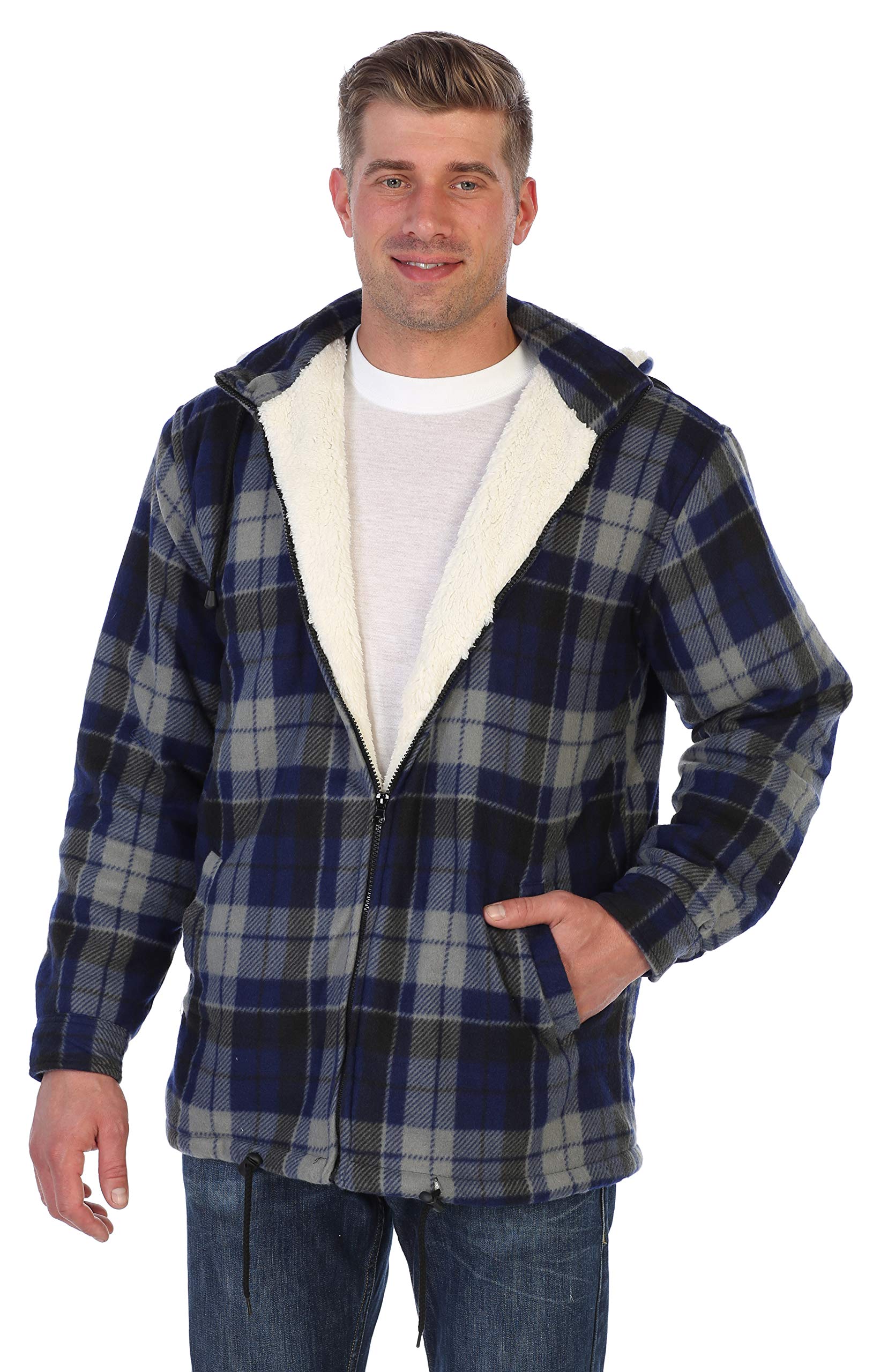 Gioberti Mens Sherpa Lined Flannel Jacket with Removable Hood, Navy/Gray, L