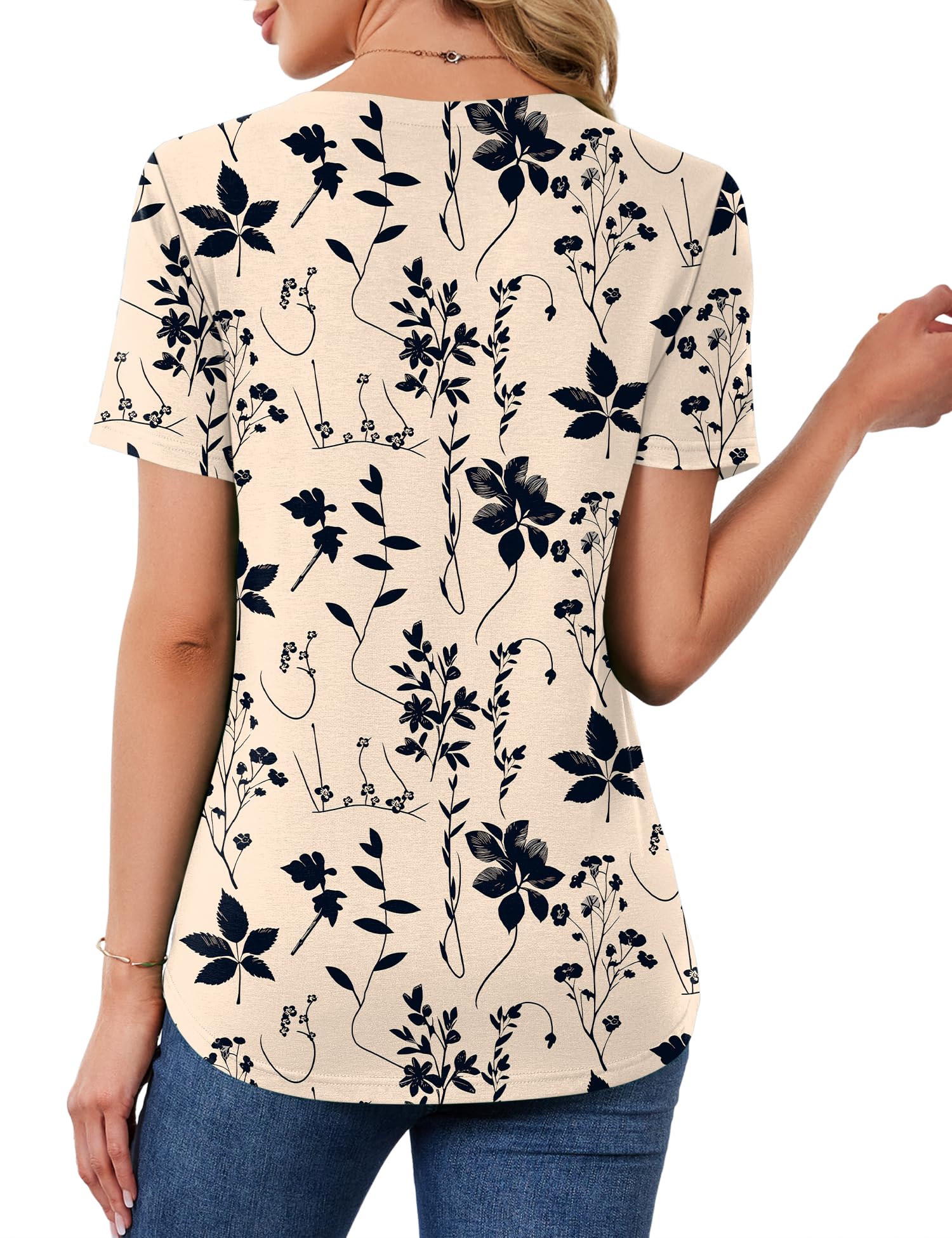 AKEWEI Short Sleeve Blouses for Women Casual V Neck Tops Pleated Summer Shirts Apricot Black Floral M