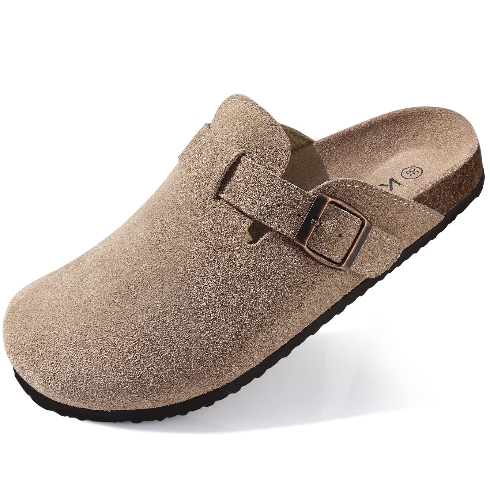 KIDMI Women's Genuine Suede Clogs Cork Footbed Sandals Leather Mules Potato Shoes with Arch Support Taupe 36 (Size 5.5-6)