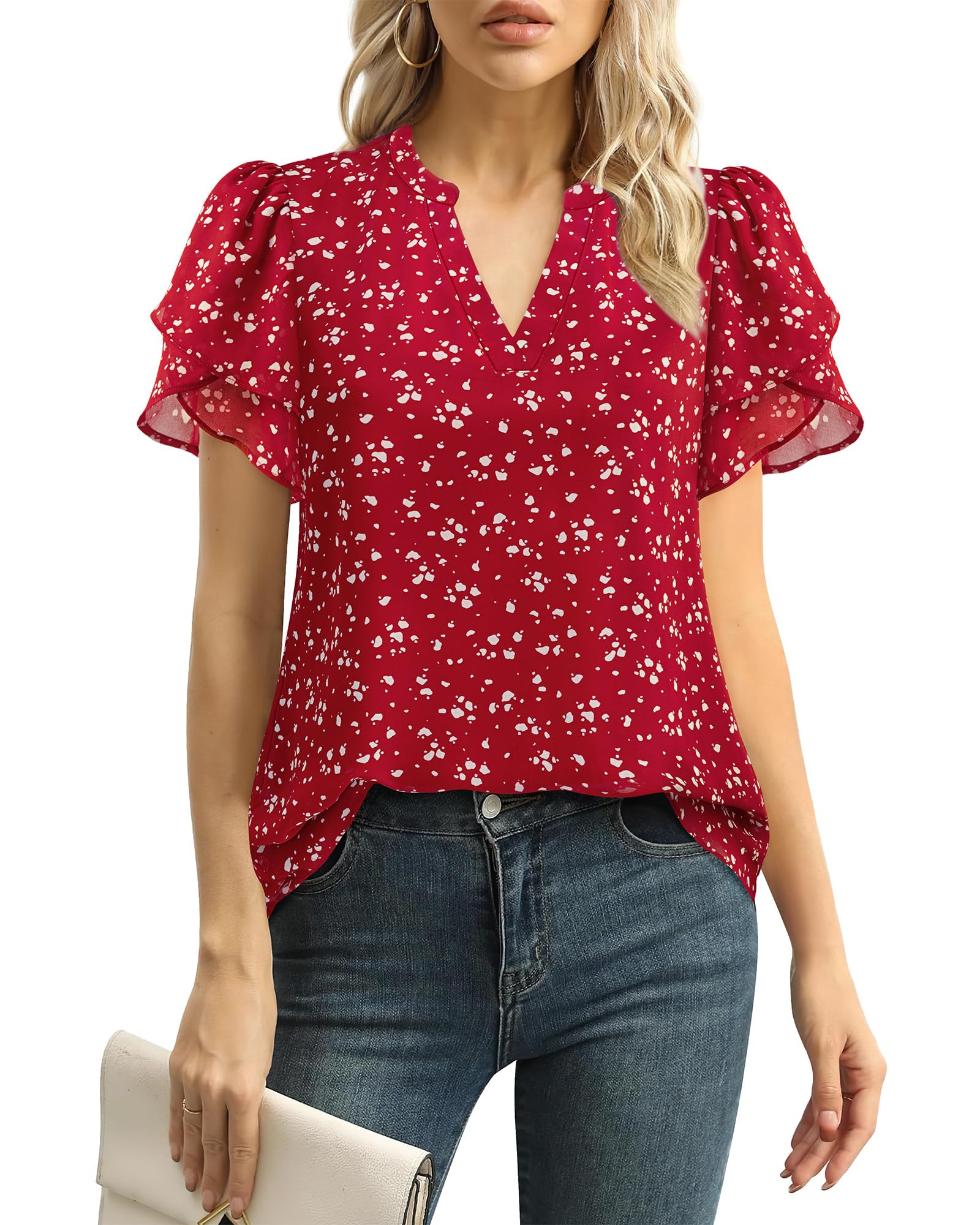 Lotusmile Women's Dressy Summer Tops - Polka Dot Blouses, Chiffon Casual Sophisticated Short Sleeve Tops for Petite Women